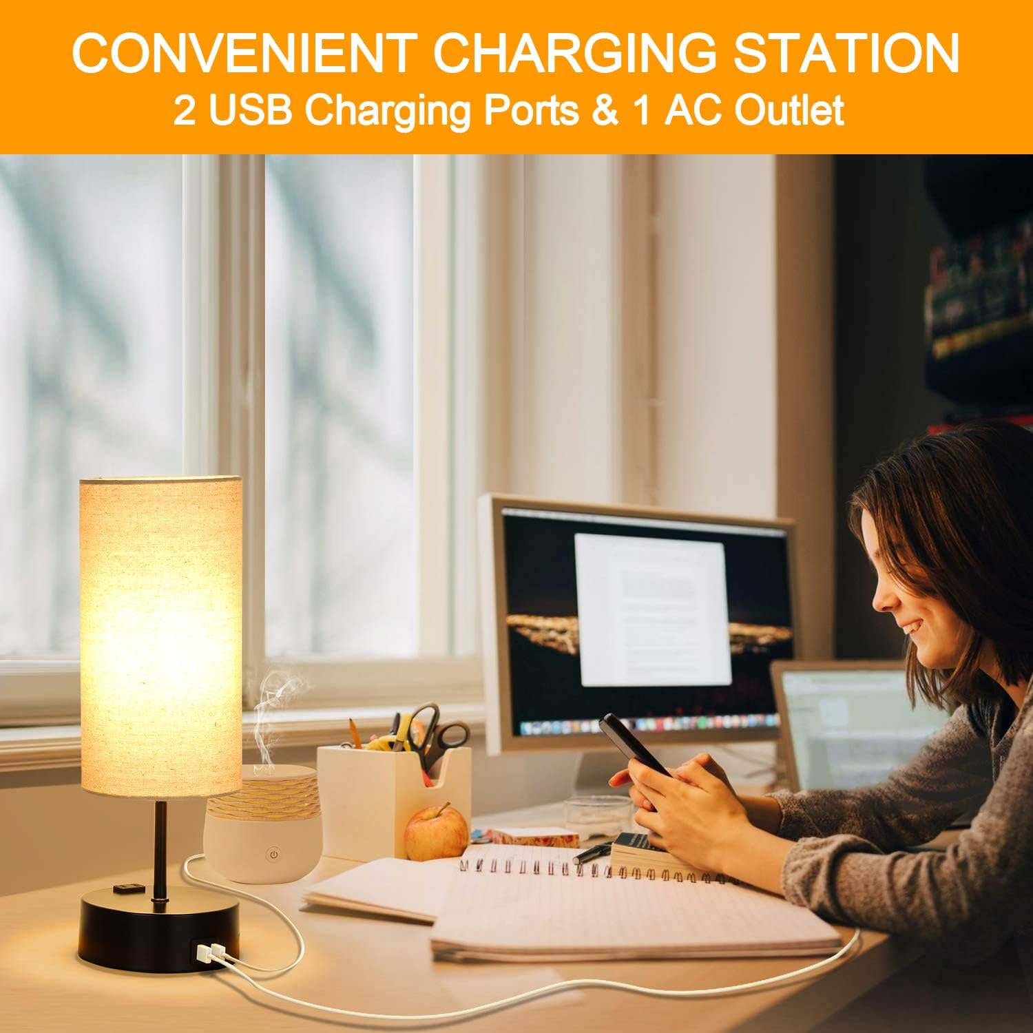 3 Way Dimmable Touch Table Lamp, 2 Fast Charging USB Ports with Power Outlet. Bedside Touch Lamp, Nightstand Lamp, Bedroom Lamp for Bedroom, Living Room, Office, 60W Equivalent LED Bulb Included