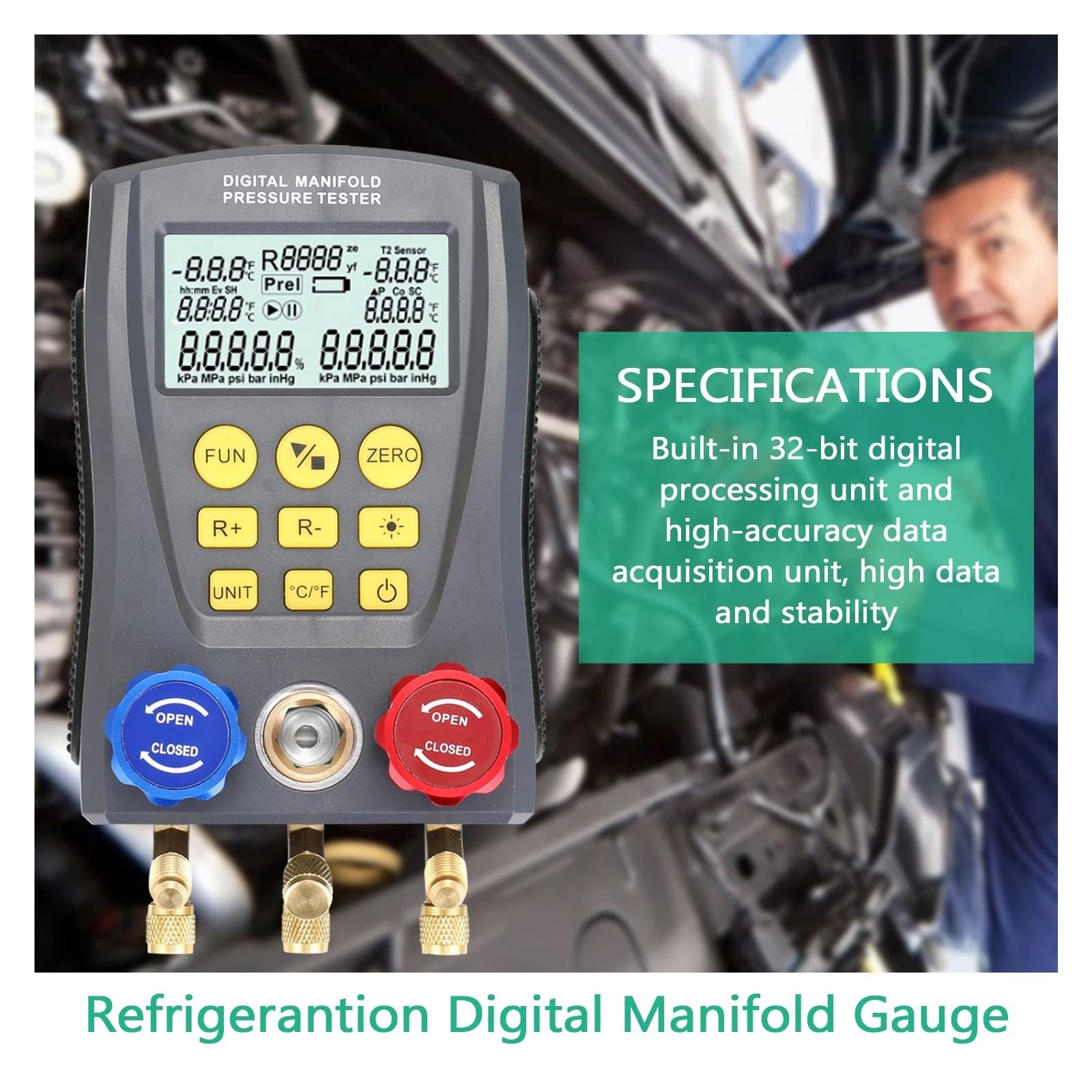 Medidor de presión vacío Digital colector refrigeración Temperatura manómetro para Pruebas de Mantenimiento(Type3)