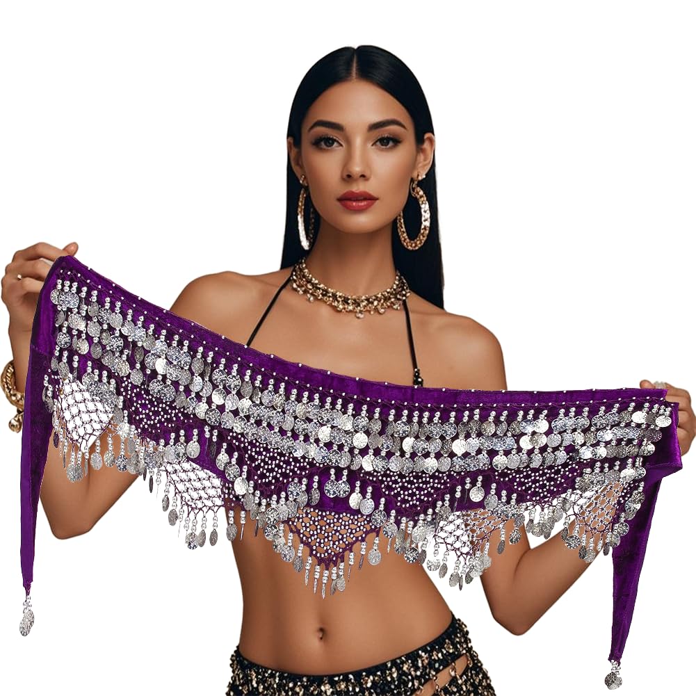 Leemiman Women's Purple With Silver Coins Triangle Belly Dance Hip Belt With Gold Coins Dance Costume Wrap Skirts (Purple With Silver Coins)