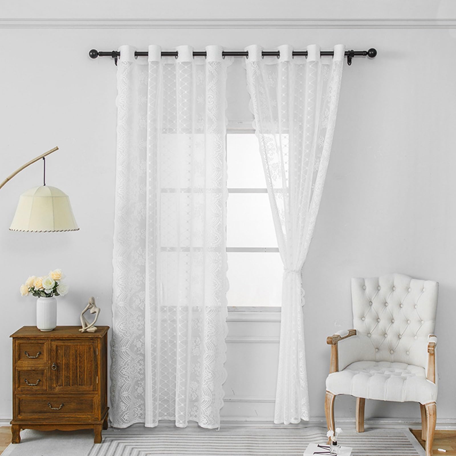 Francuska koronka haftowane zasłony na przelotkach, biała moskitiera na drzwi, 140 x 240 cm, zestaw 2 eleganckich prześwitujących zasłon okiennych, do dekoracji domu