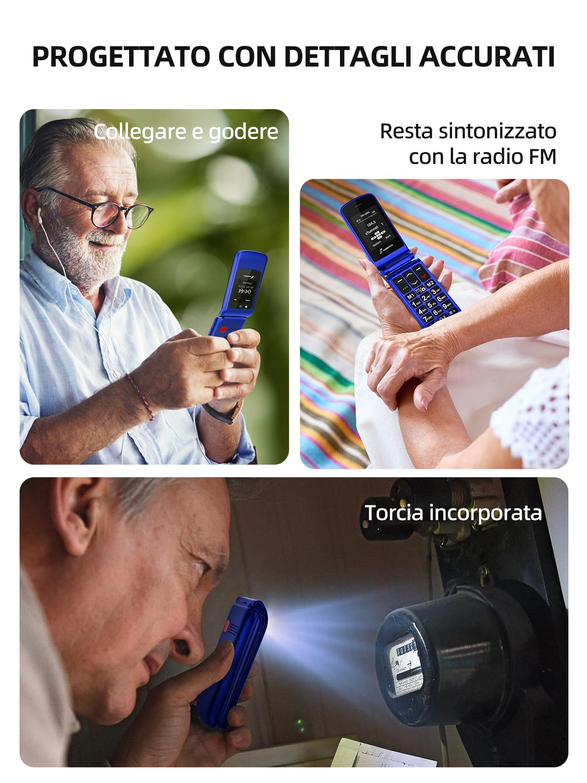 SweetLink F2 Plus Telefono Cellulare per Anziani, Flip Cellulare Anziani con Tasti Grandi, Contatti con Immagini, Base di Ricarica, Volume Alto, Funzione SOS, Doppia SIM,Pantalla 2.4", Blu