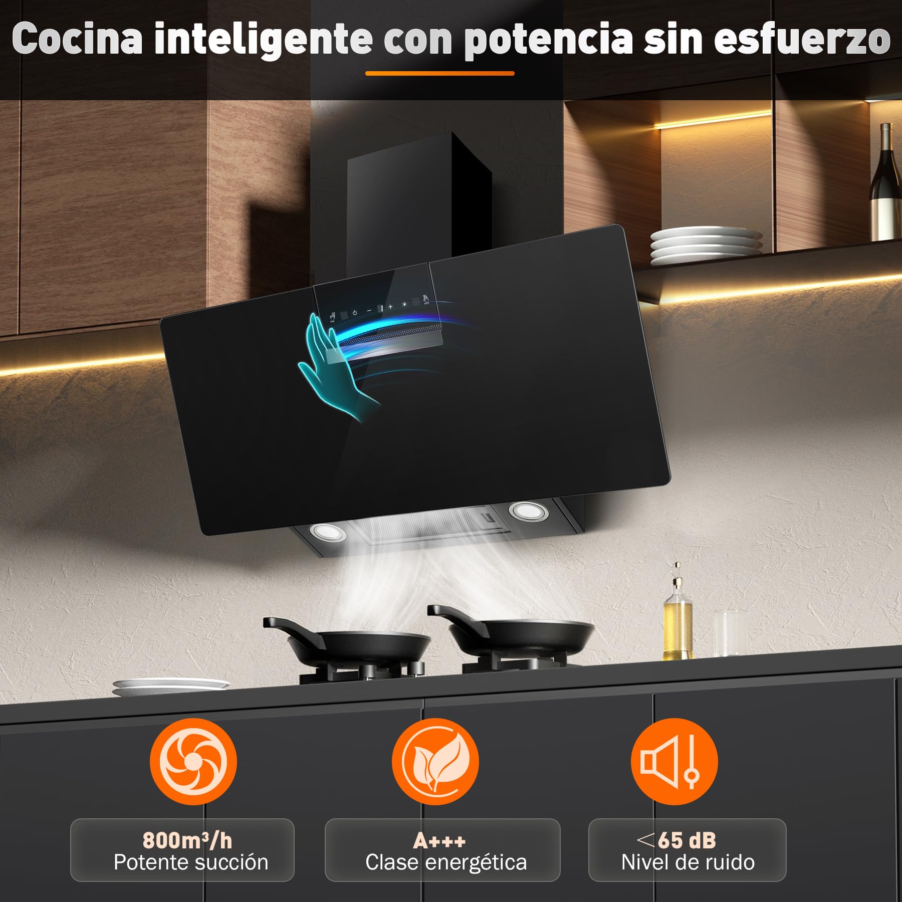 SNDOAS Campana Extractora 90 cm, 800 m³/h, Clase Energética A+++, 3 Velocidades + Modo Turbo, Panel Táctil, Gesture Control, Filtro de Carbono Activado, Recirculación/Extracción, Negro