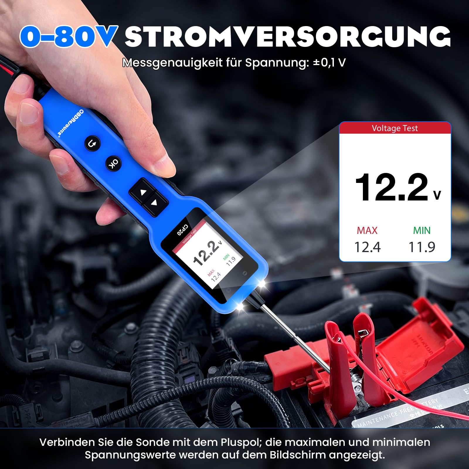 OBDResource Tester di tensione auto Circuit Tester, 6 V-24 V DC tester di tensione per auto con campione di corrente, schermo digitale per la prova della batteria dell'auto, continuità/messa a