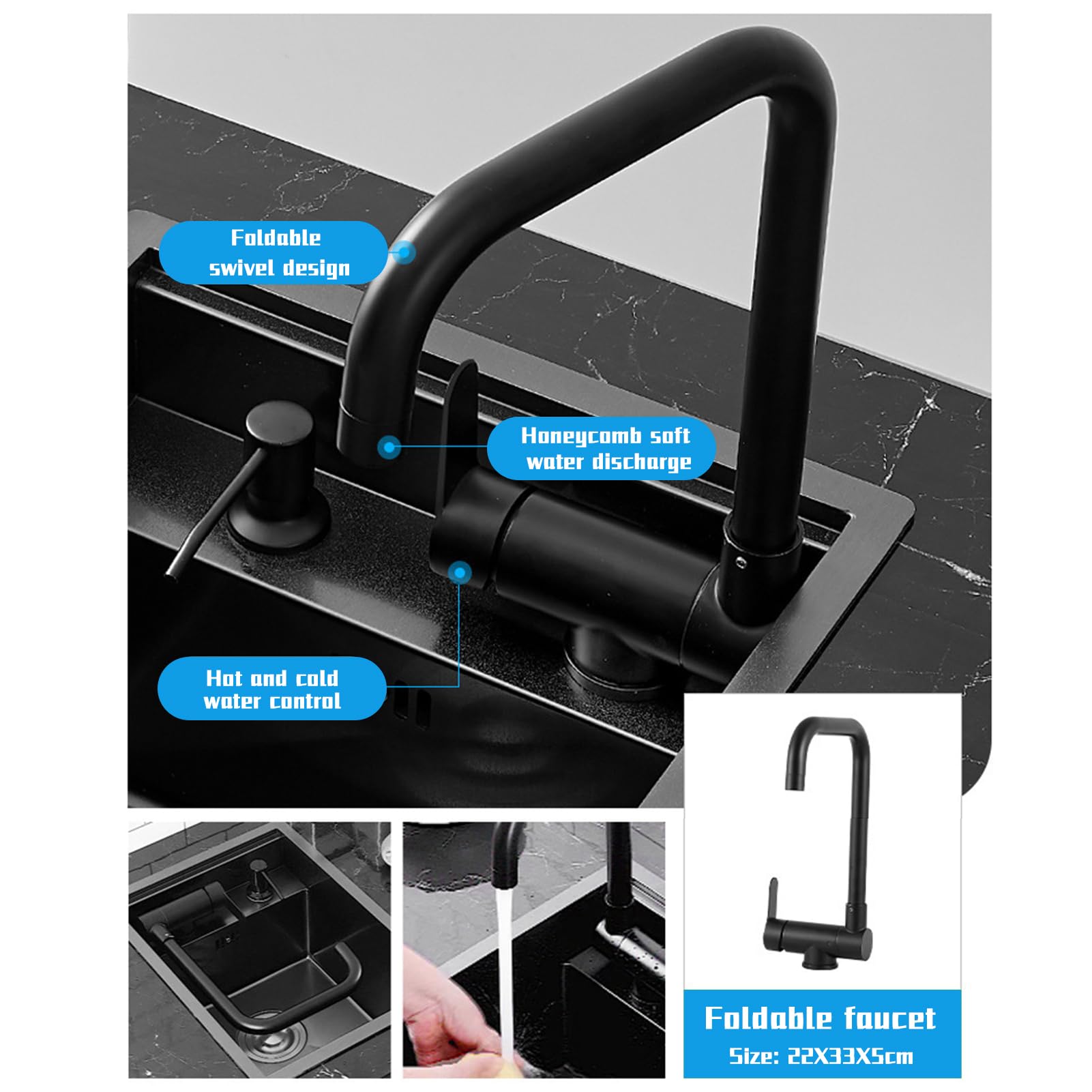 Évier de bar de cuisine dissimulé caché avec robinet pliable, évier de bar de station de travail encastrable en acier inoxydable dissimulé pour petite préparation véhicule récréatif (noir, 35 x 45 x