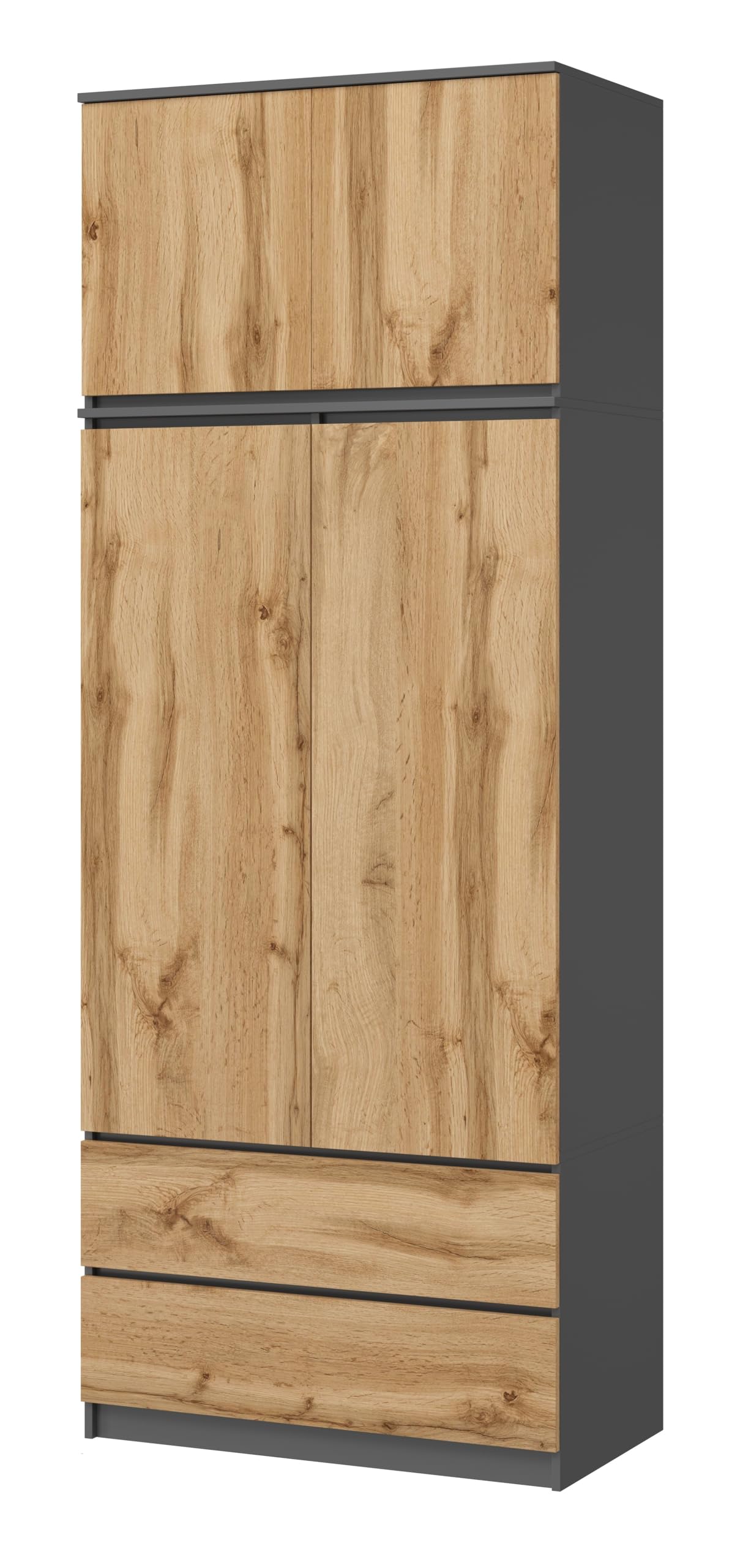 Großer Kleiderschrank, Schrank mit 4 Türen, 2 Schubladen, 6 Einlegeböden und Kleiderständer, Mehrzweckschrank, Garderobenschrank 235x90x50,5cm (Grafit/Eiche Wotan)