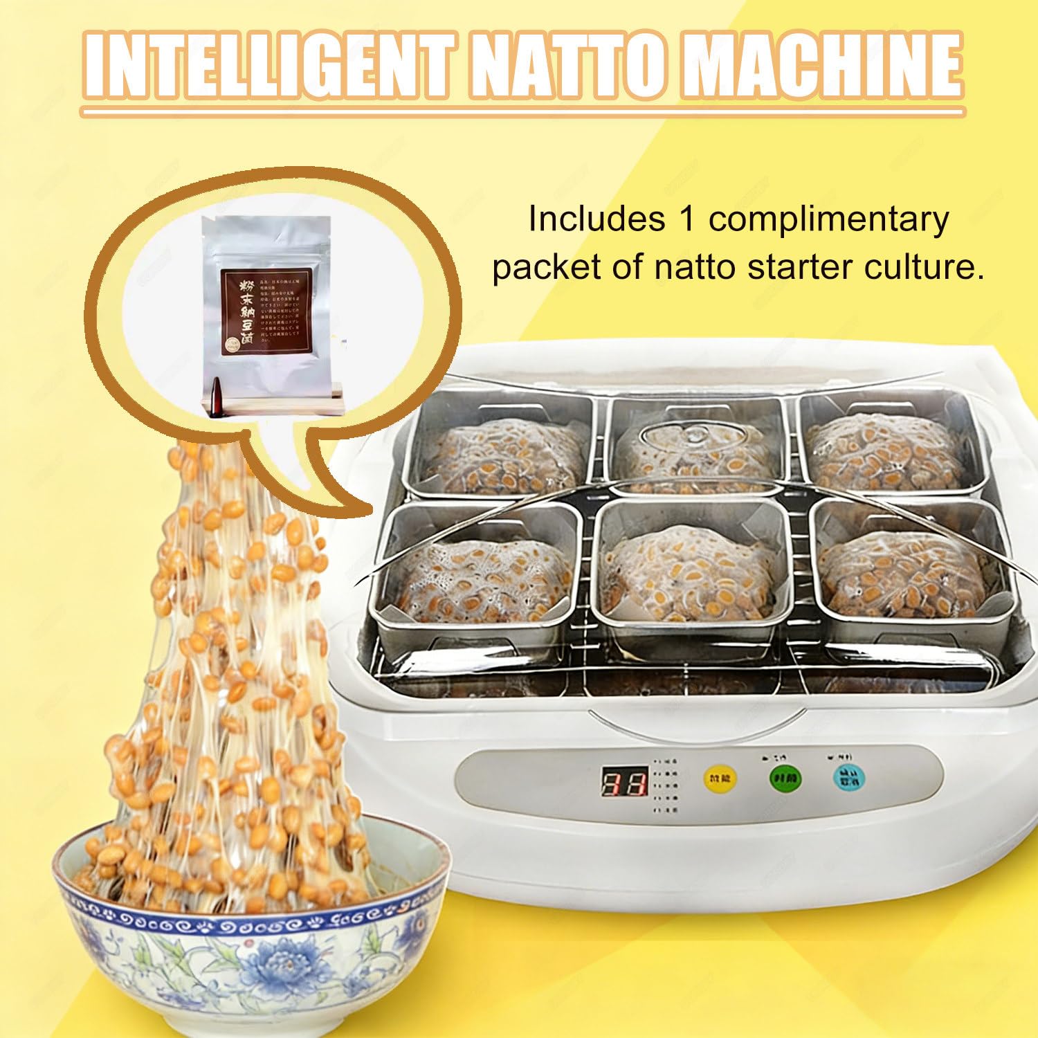 Automatischer Natto-Fermentierer – 3,5 l Fassungsvermögen mit vielseitigen Edelstahlbehältern; inklusive Isolierhaube für Joghurt und eingelegtes Gemüse