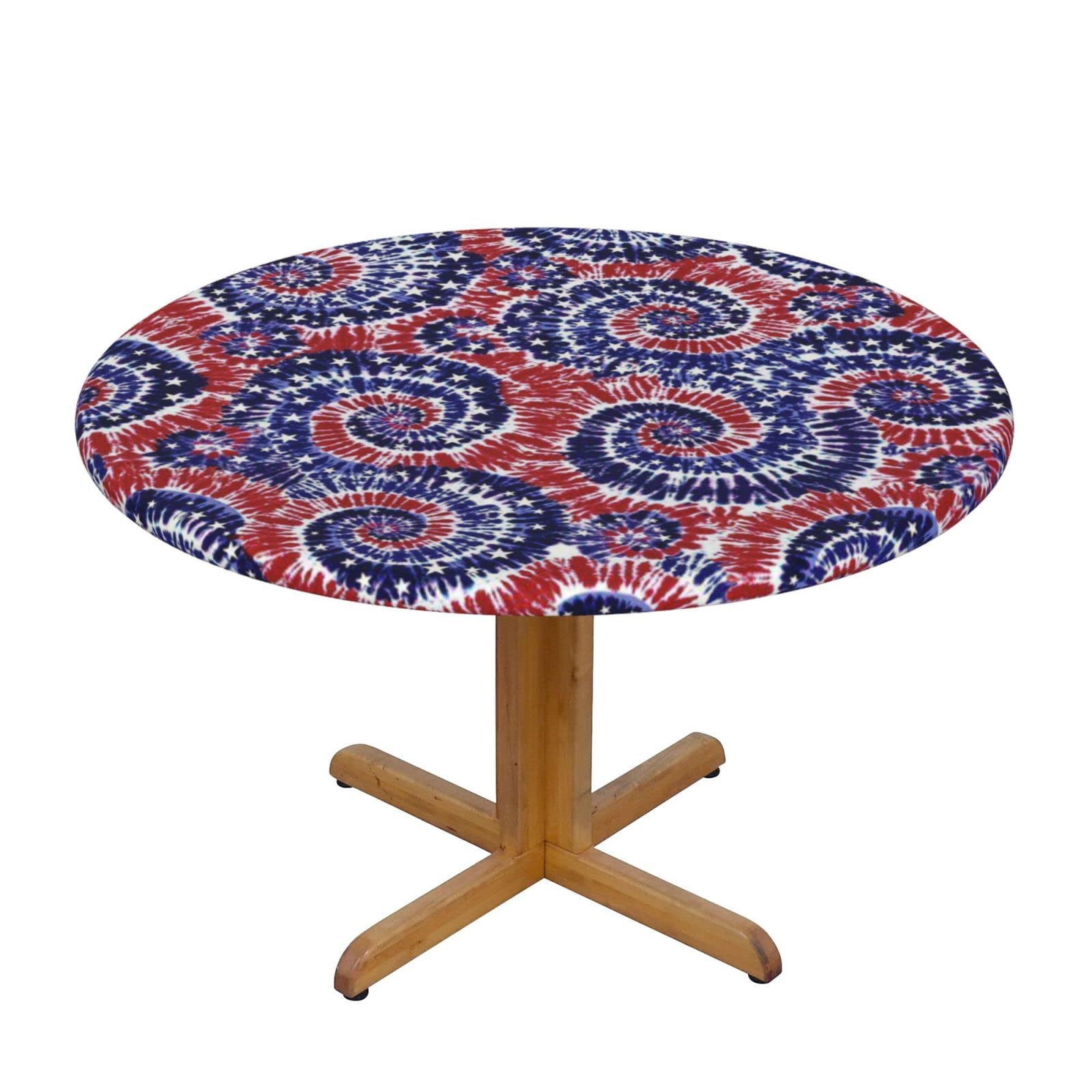Lsjuee Round Fitted Tablecloth 45-50in Elastic Edged Table Cloth for Kitchen Dining Party Home Decor - Spiral Tie Dye Patriotic