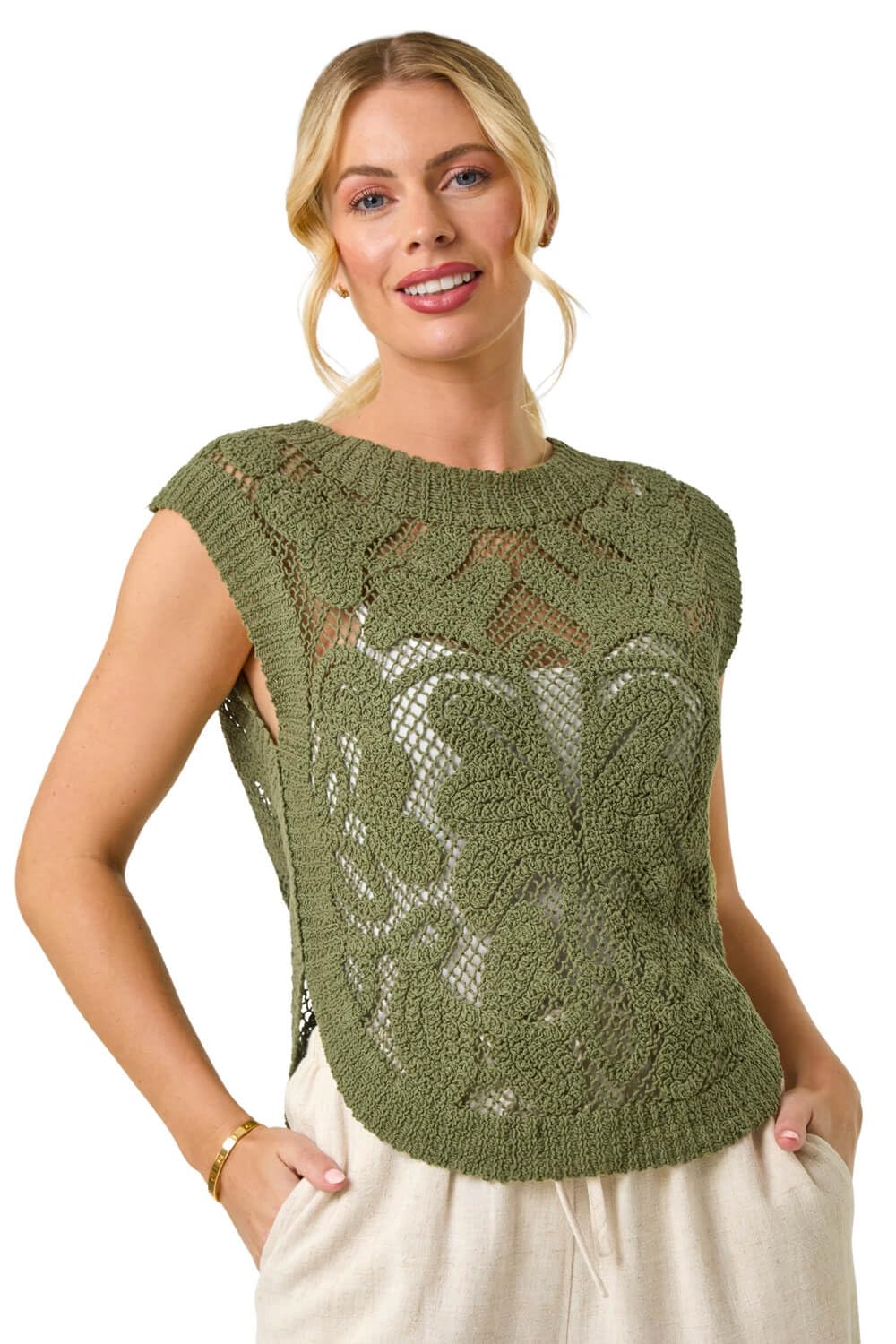 Roman Petite Curve Hem Crochet Top for Women UK - Ladies Everyday Holiday Spring Summer Round Neckline Comfy Soft Evening Vacation Work Party - Petite Khaki - Size L