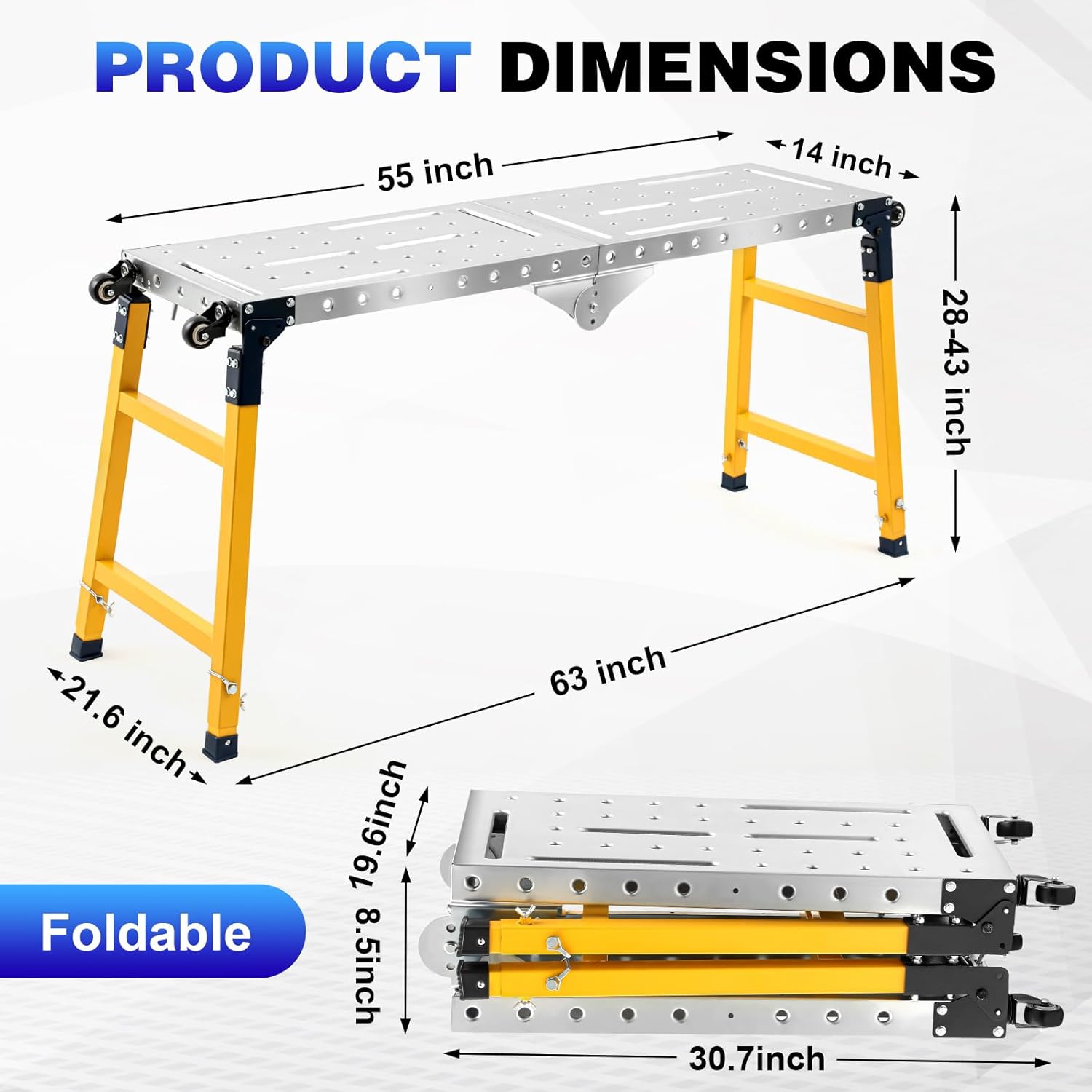 Gisafai Steel Welding Table Heavy-Duty Portable Work Platform with Casters 1100 Lbs Load Capacity Adjustable Height 55 x 14 Inch Galvanized Top Table Versatile Folding Bench
