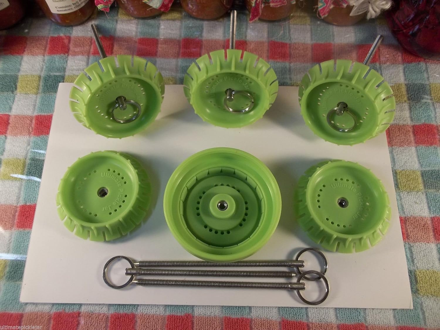 6 Pickle Pusher Small Batch Fermentation Kits. Complete with Airlock and Weight-Replacement. BPA Free. Includes extra lids. Fits Wide Mouth Mason Jars