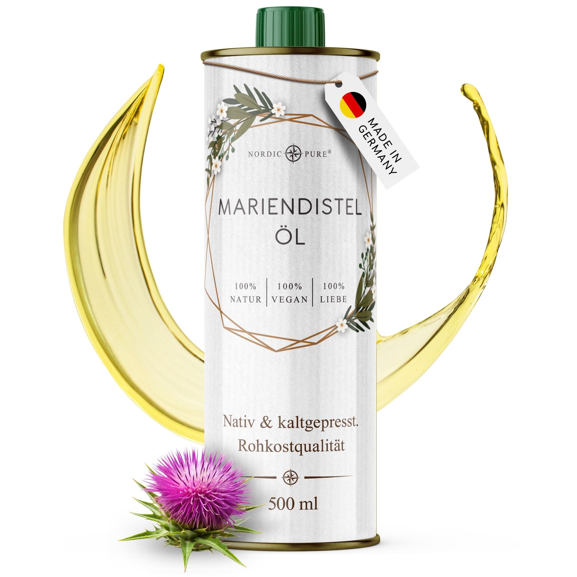 Mariendistelöl 500ml, kaltgepresst von Nordic Pure - Reich an Vitamin E & ungesättigten Fettsäuren - Unterstützt die Leberfunktion - Zur Ernährung sowie zur Hautpflege geeignet