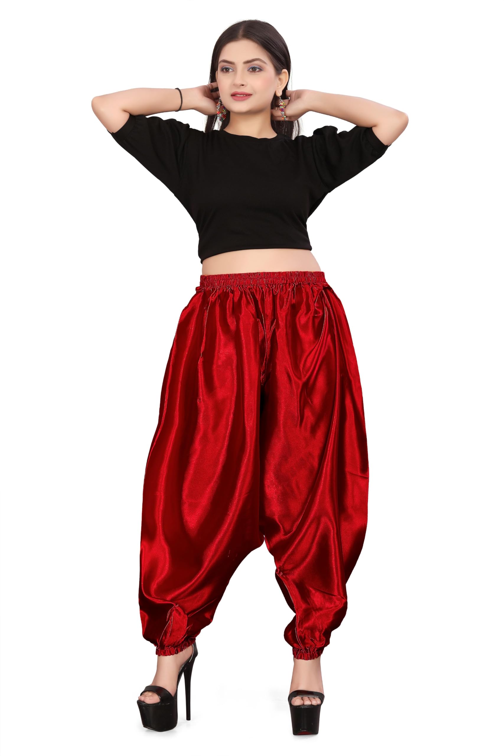 MEEK MERCERY BY KF Satin Belly Dance Harem Boohoo Pant – Elastic Waist, S to 5XL – 41 Colours – Flowing Performance Costume for Stage, Bollywood, Cosplay, Festival & Lounge Wear Red