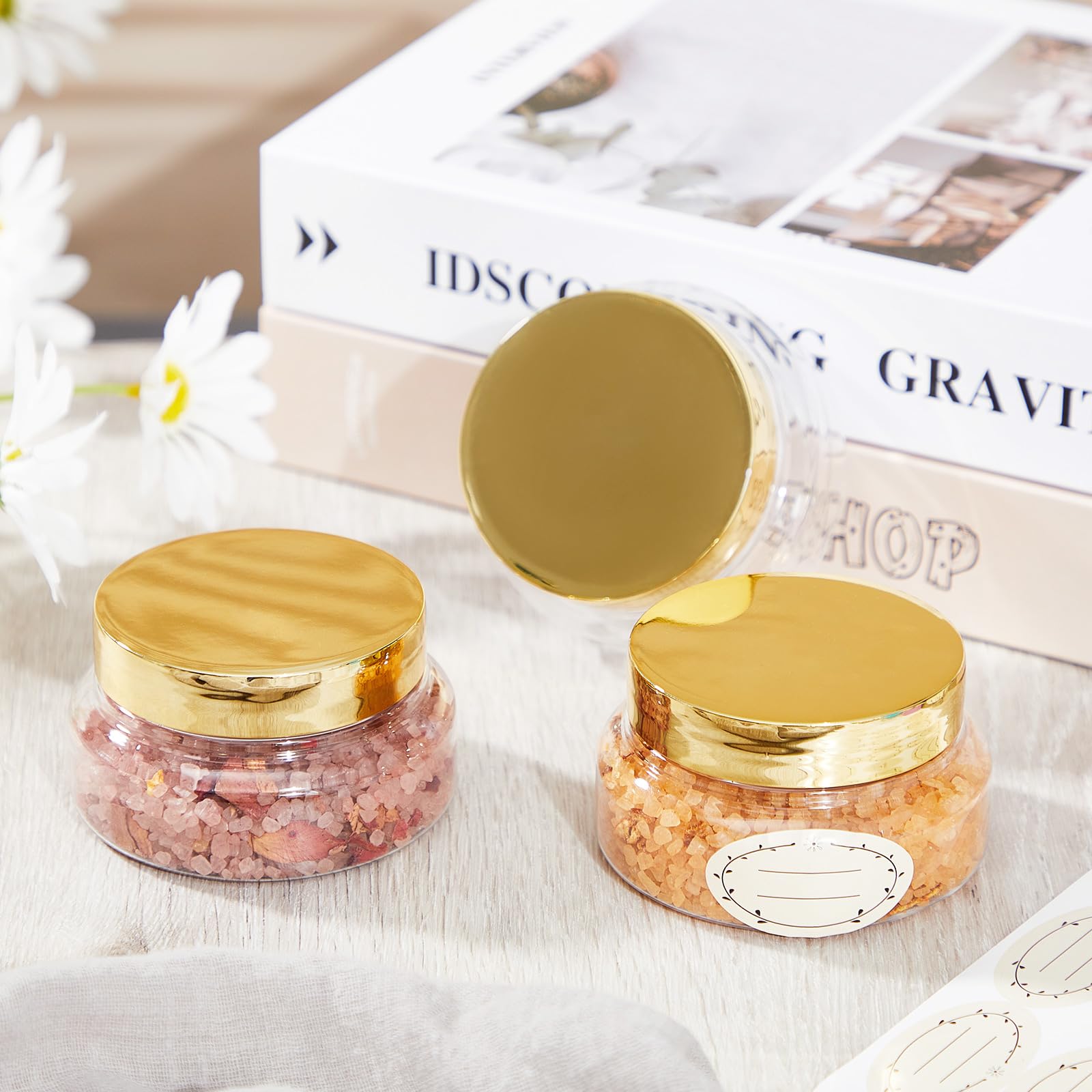 Tessco 24 Pack Plastic Jars with Lids Labels Plastic Containers Round Refillable Cosmetic Containers Empty Body Butter Jars Sugar Scrub Containers for Cosmetics (Gold,5 oz)