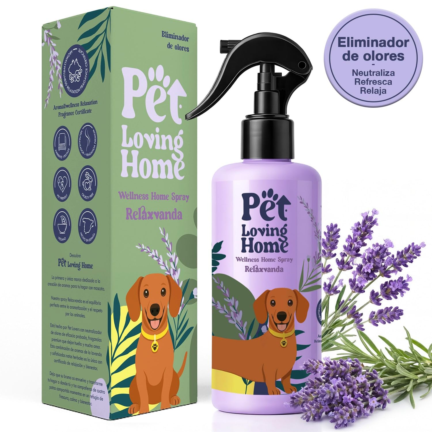 Pack Vela Aromática 350g + Ambientador Spray 200ml - Set Regalo Aroma Lavanda - Neutralizador de Olores de Mascotas - Pet Friendly Perro y Gato - Vela de Soja Decorativa
