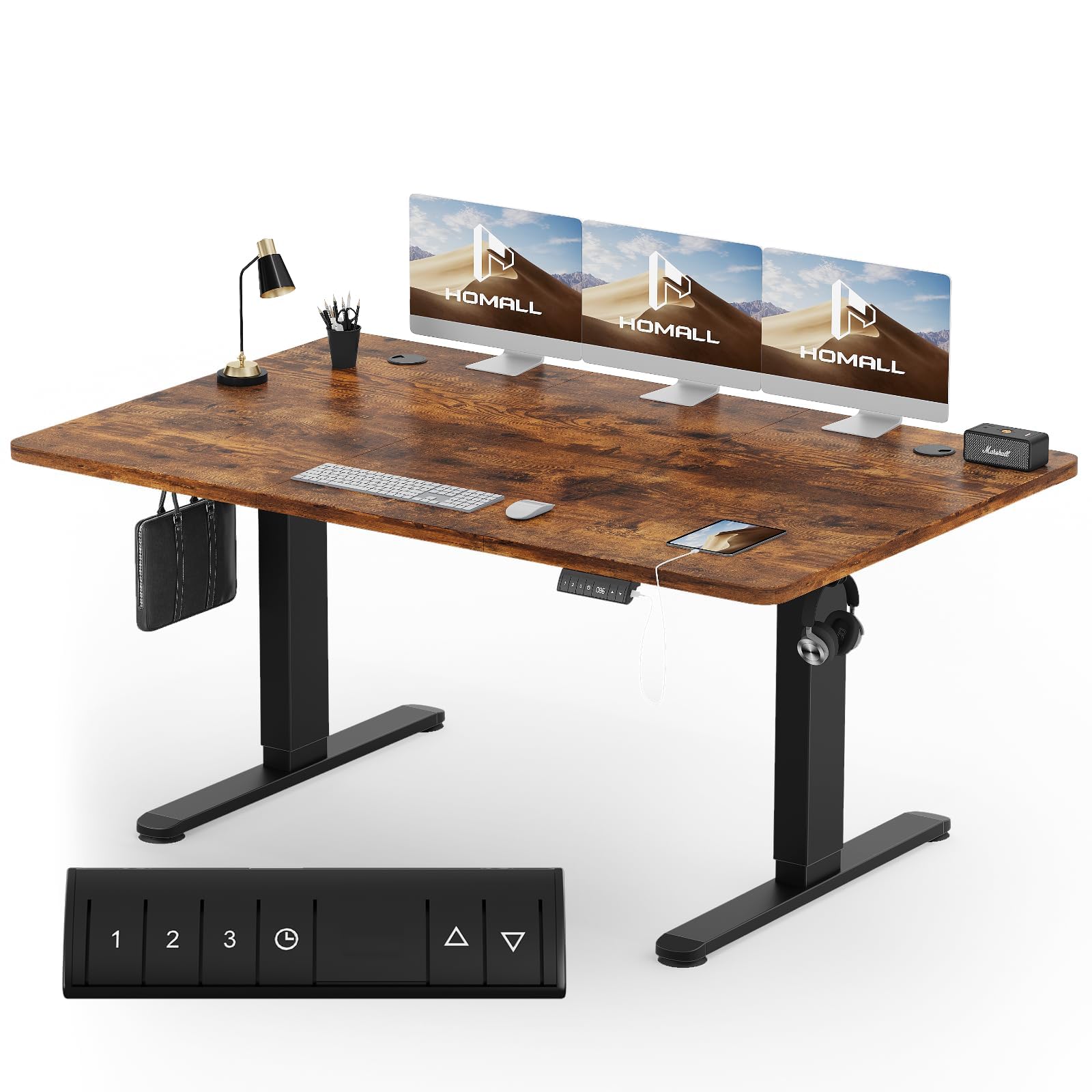 Homall Standing Desk Electric 140x80cm with USB Charging Hook, Height Adjustable Desk 3 Memory Smart Pannel, Sit Stand for Home Office Desks with Splice Board,Rustic Brown
