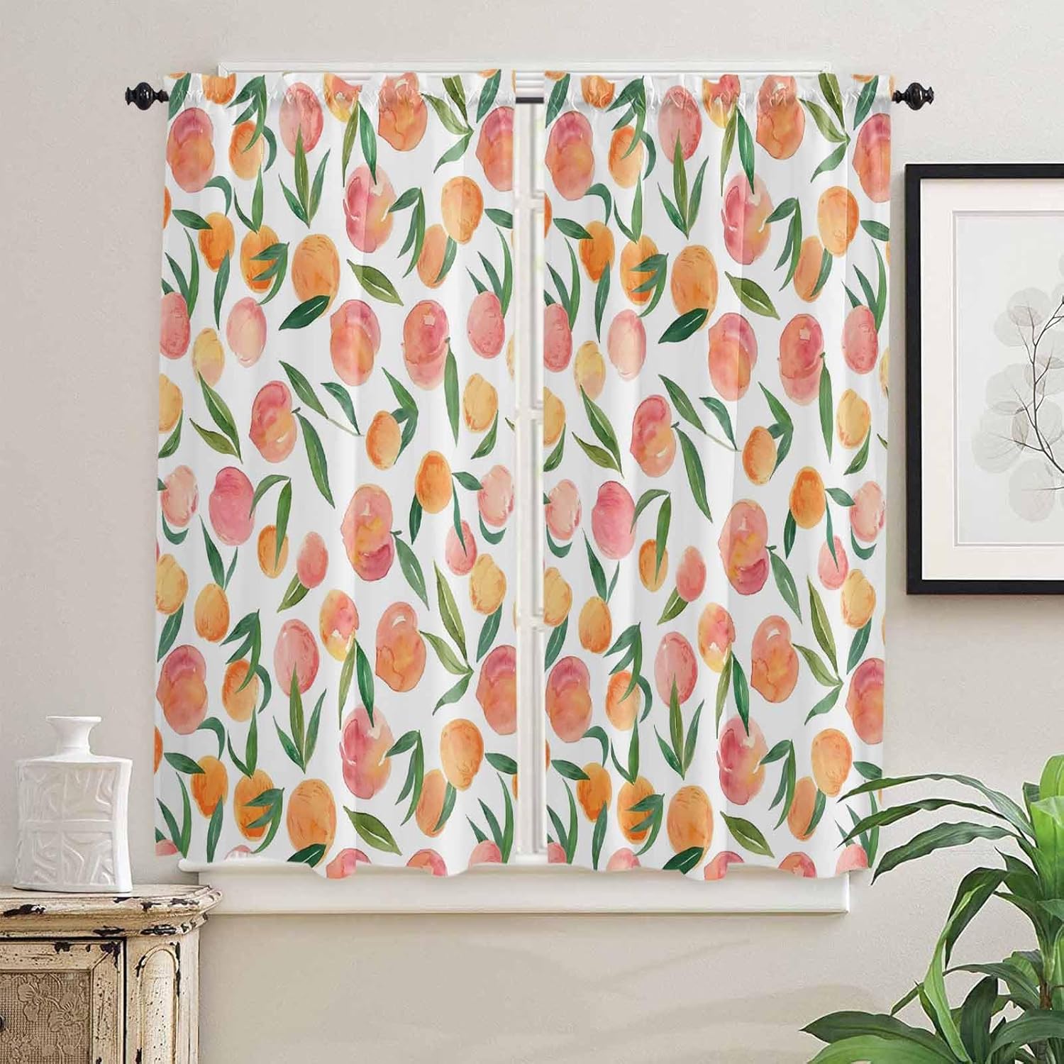 Libaoge Window Curtains 63in Length for Bedroom Living Room Fruit Pink Peach Leaf Flower White Rod Pocket Drapes Semi-Sheer Window Curtains for Bedroom Bathroom Patio Door Windows 2 Panels 42x63in