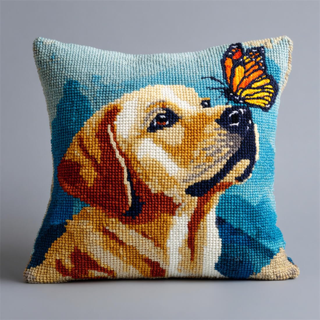 Kitquiver Animal Cushion Making Kit Labrador Retrievers and Butterflies DIY Tapestry Throw Pillow Cover Needlepoint Cushion Kits for Home Décor Needlework Kit for Beginners 17x17In