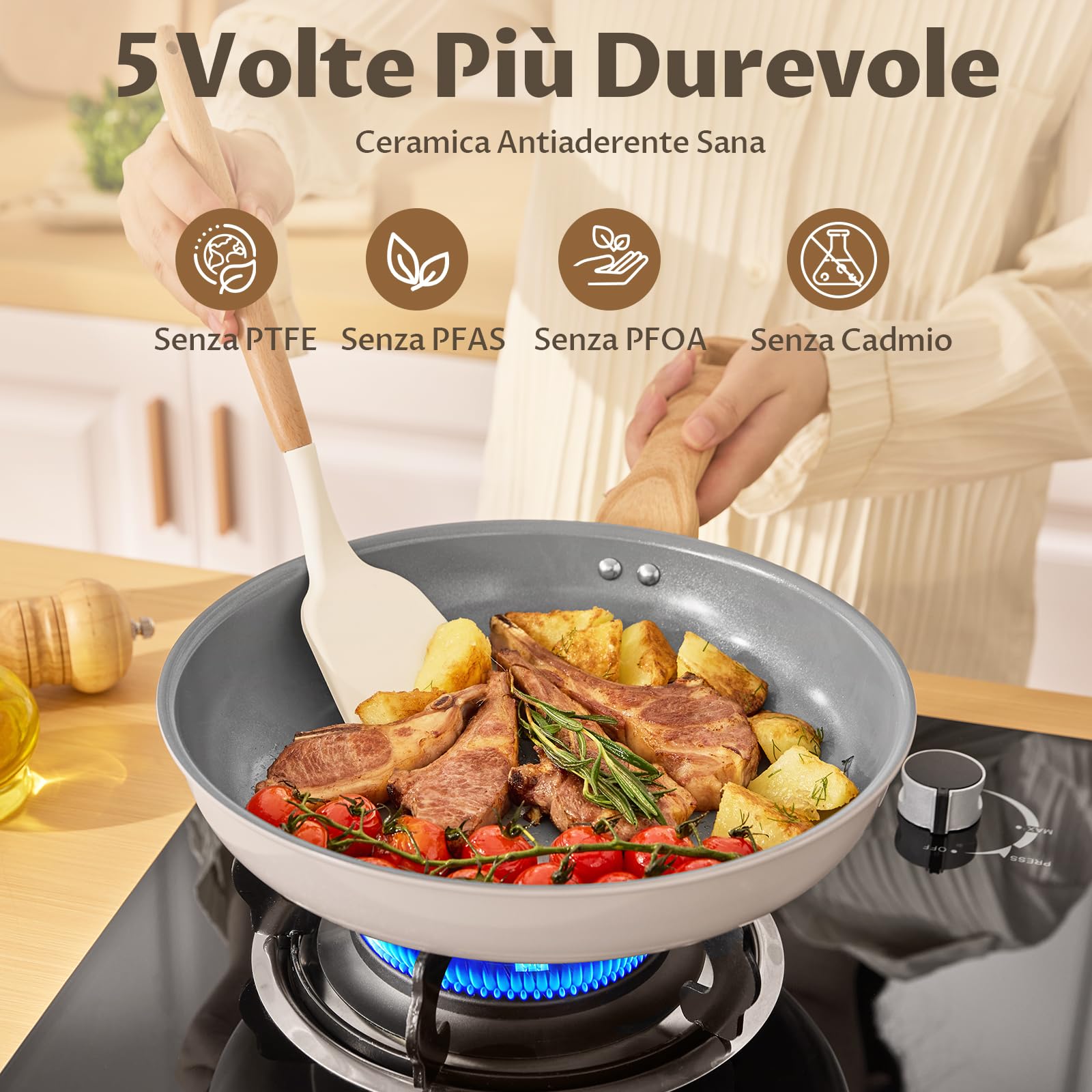 BLAZANT Set di 5 Padelle ad Induzione - Batteria di Cucina in Ceramica | Senza PFOA né PTFE, Fondo Molecolare ad Induzione 20/24/28 cm, Antiaderenti per la Cucina Quotidiana con Manici in Bachelite