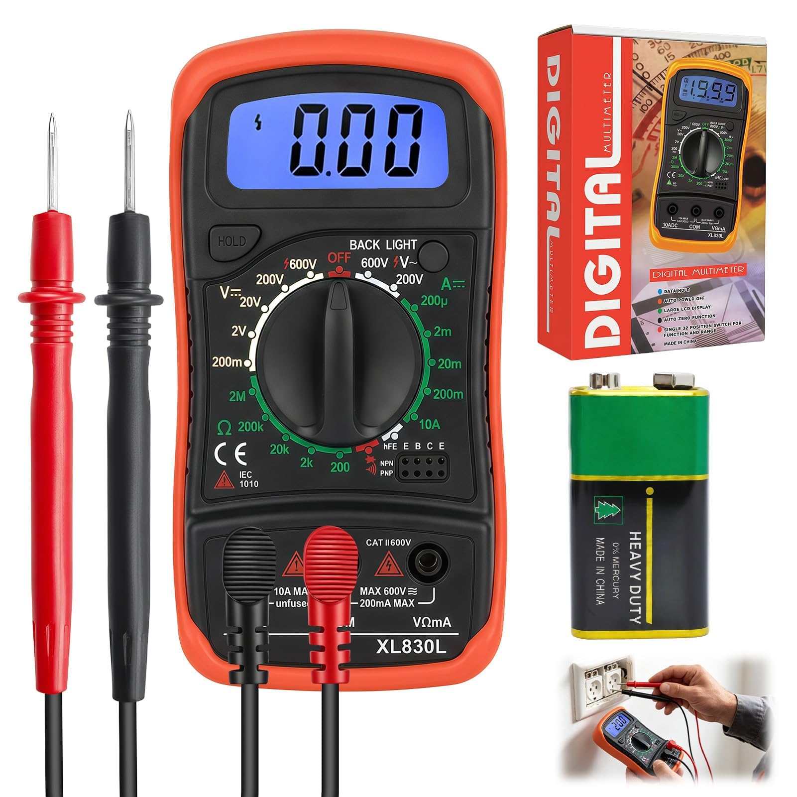 Digital Multimeter Voltmeter Battery Multi Tester Voltage AC DC Volt OHM Amp, Current Meter with LCD Display Backlight for Household Electrical Testing and Car Circuit Diagnosis