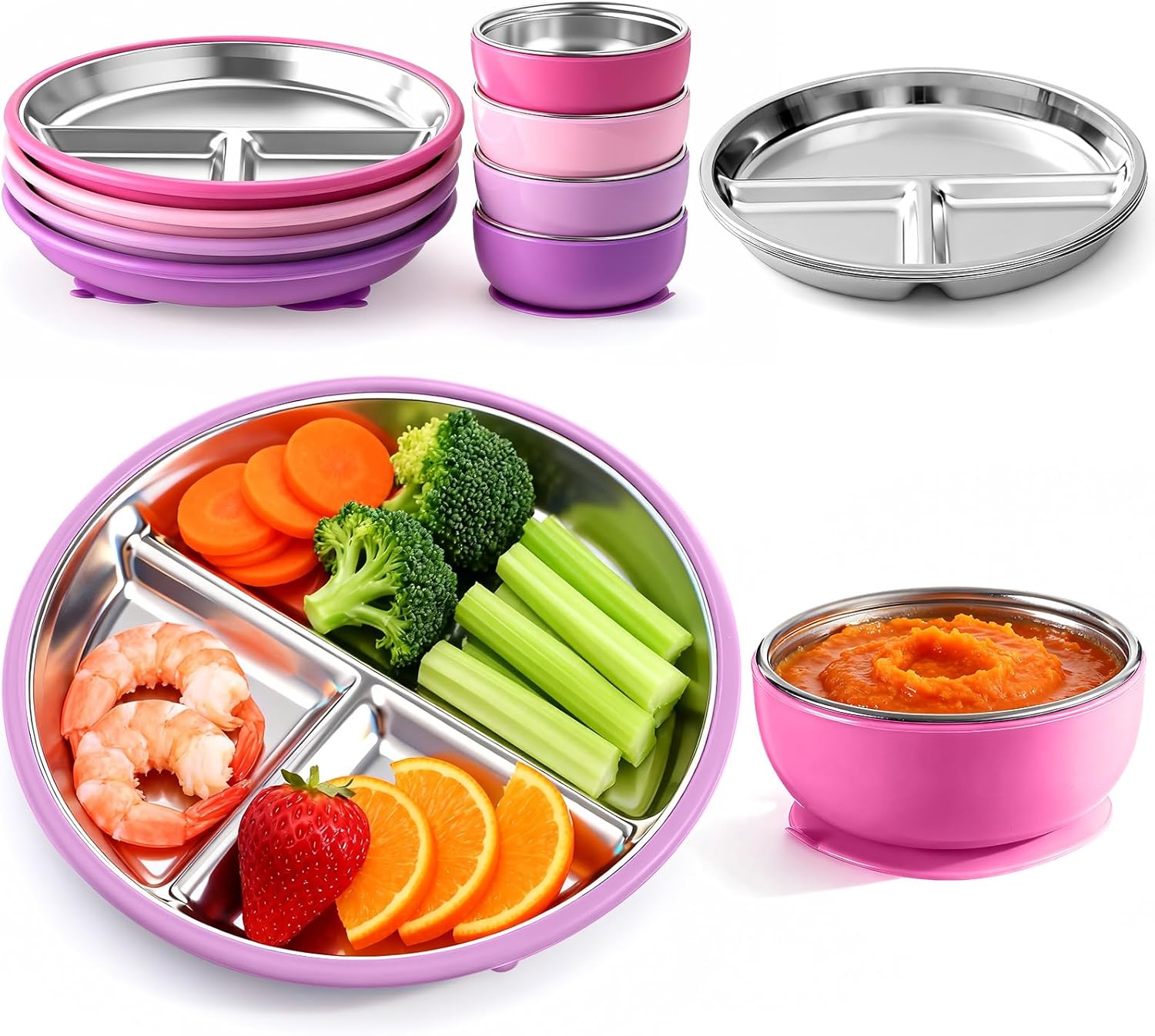 Havawish 8 Pcs Stainless Steel Baby Plate and Bowls with Suction, 8.3" Kid Divided Plate and 4" Toddler Bowl with Removable Silicone, BPA-free Non-slip Baby Feed Set Dishwasher Safe for Boy Girl(Pink)