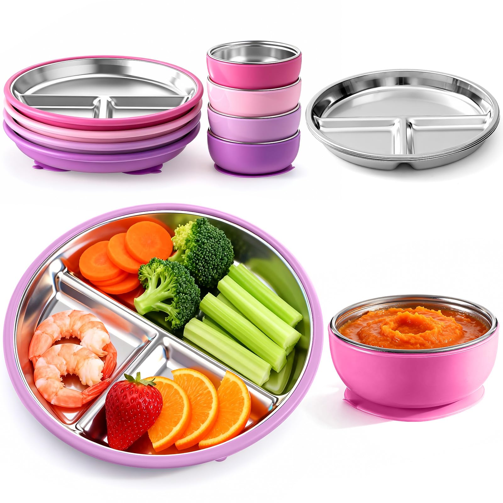 Havawish 8 Pcs Stainless Steel Baby Plates Bowls with Suction Set,Pink