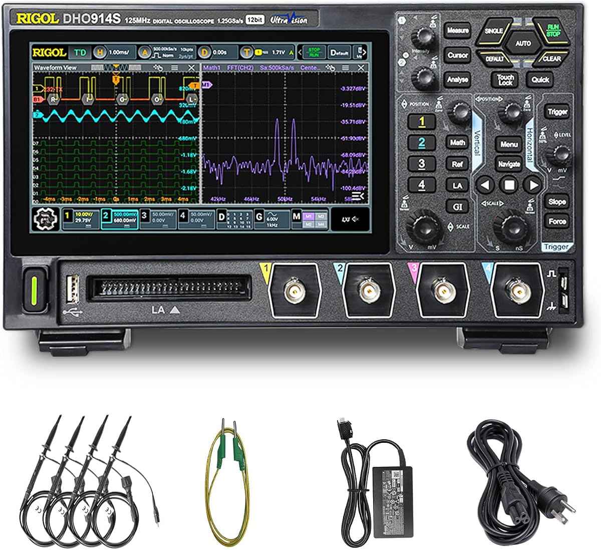 RIGOL Digital Oscilloscope DHO914S 125 MHz 4-Ch + 16 Digital 1.25 GSa/s 12-bit 50 Mpts UltraAcquire 1,000,000 wfms/s AFG + Bode Plot LAN/USB/HDMI SCPI for Power & Embedded