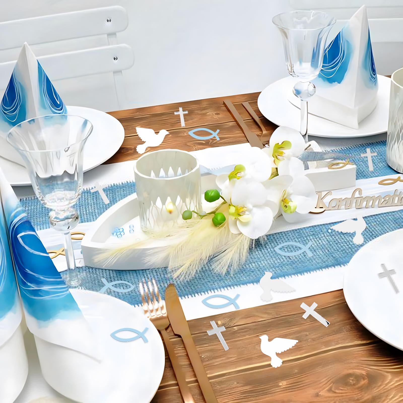 100 Confettis Communion Eucalyptus Poisson Doré & Pois – AstraGlam – Décoration Table Baptême Confirmation Garçon Fille