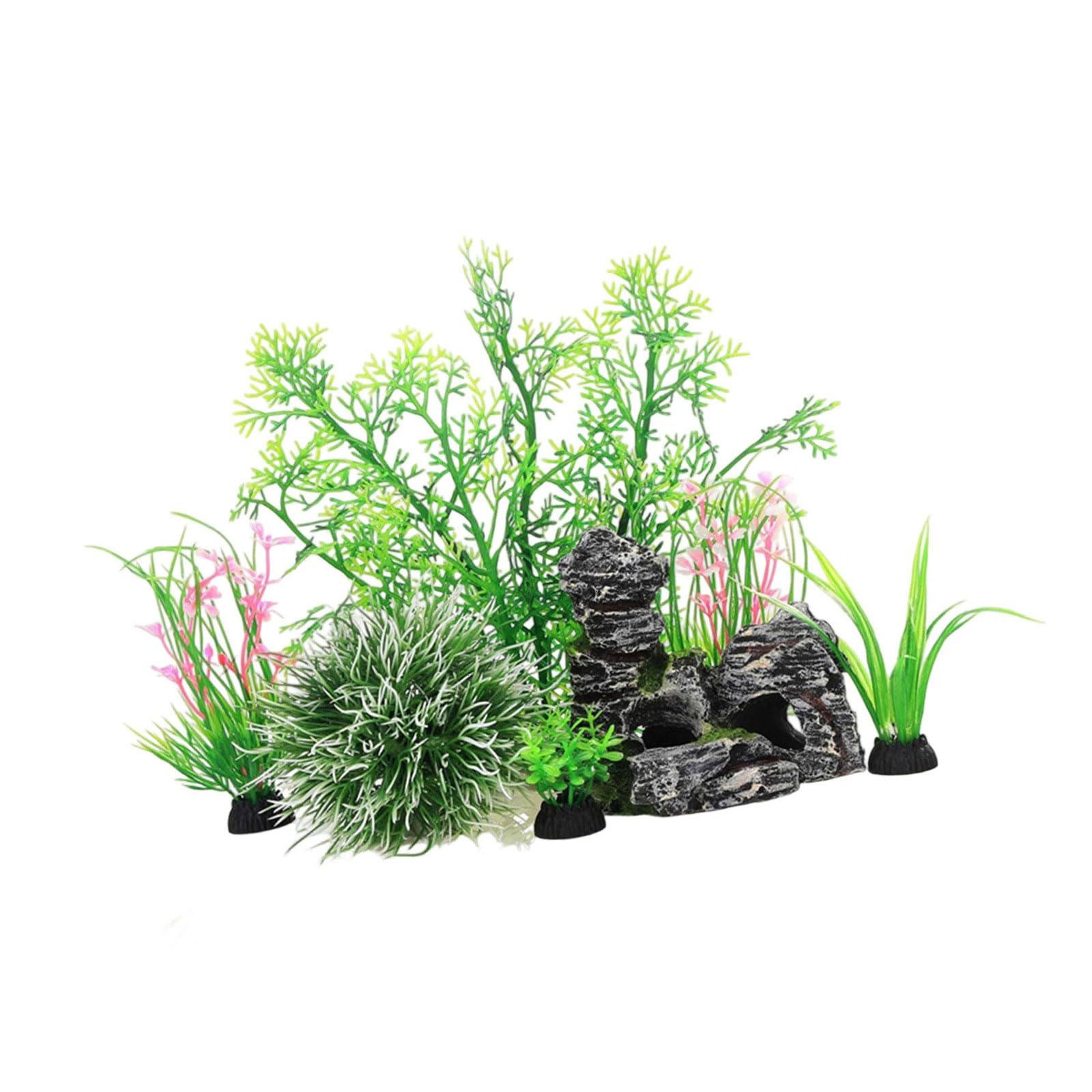 Nucelit 7Pieces Fishtanks Decoration Set with Artificial Water Grass Plant and Shelter Cave for Aquariums Landscape Safe Use Artificial Aquariums Water Plant