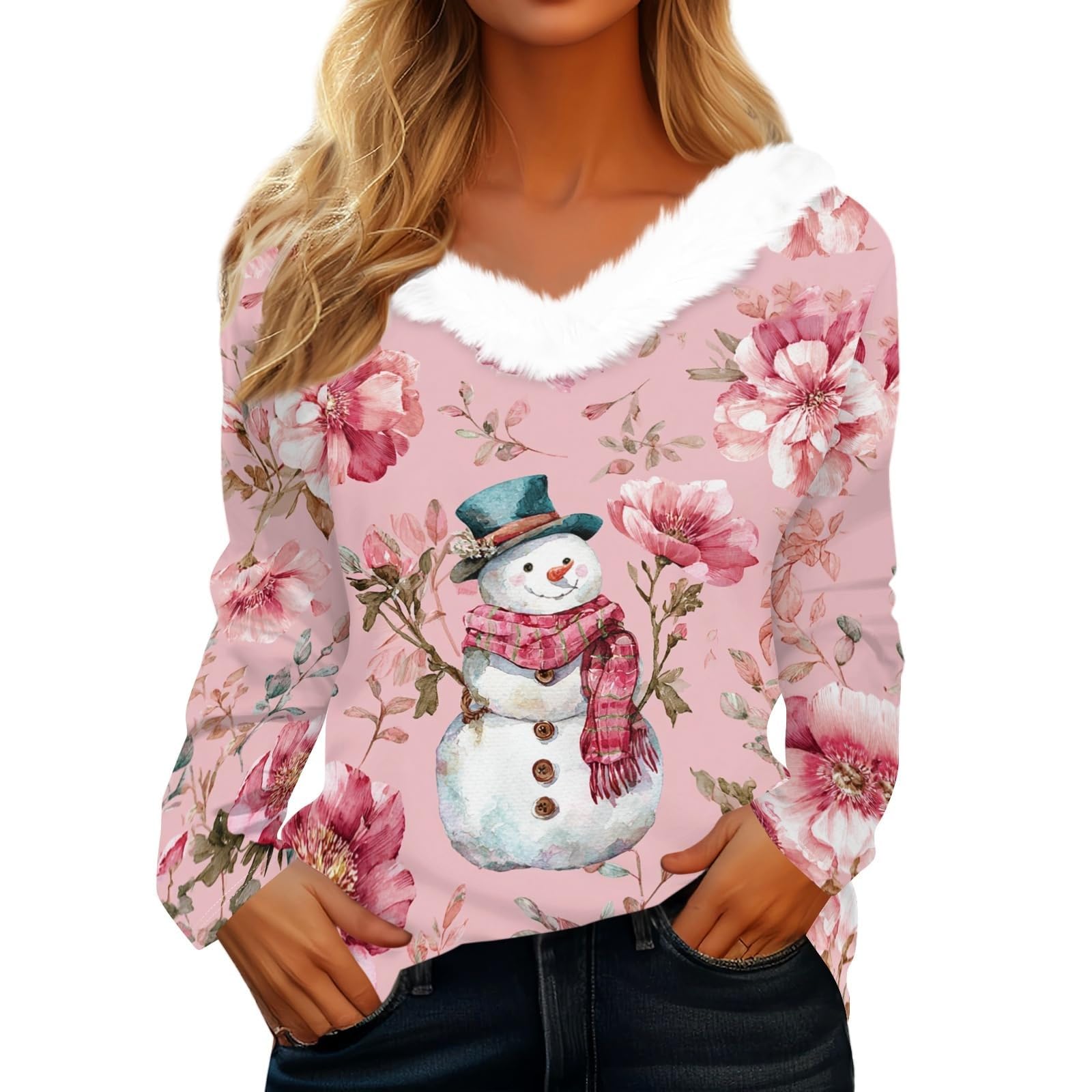 Ladies Christmas Party Top Faux Fur V Neck Long Sleeve Festive Print,Pink,M