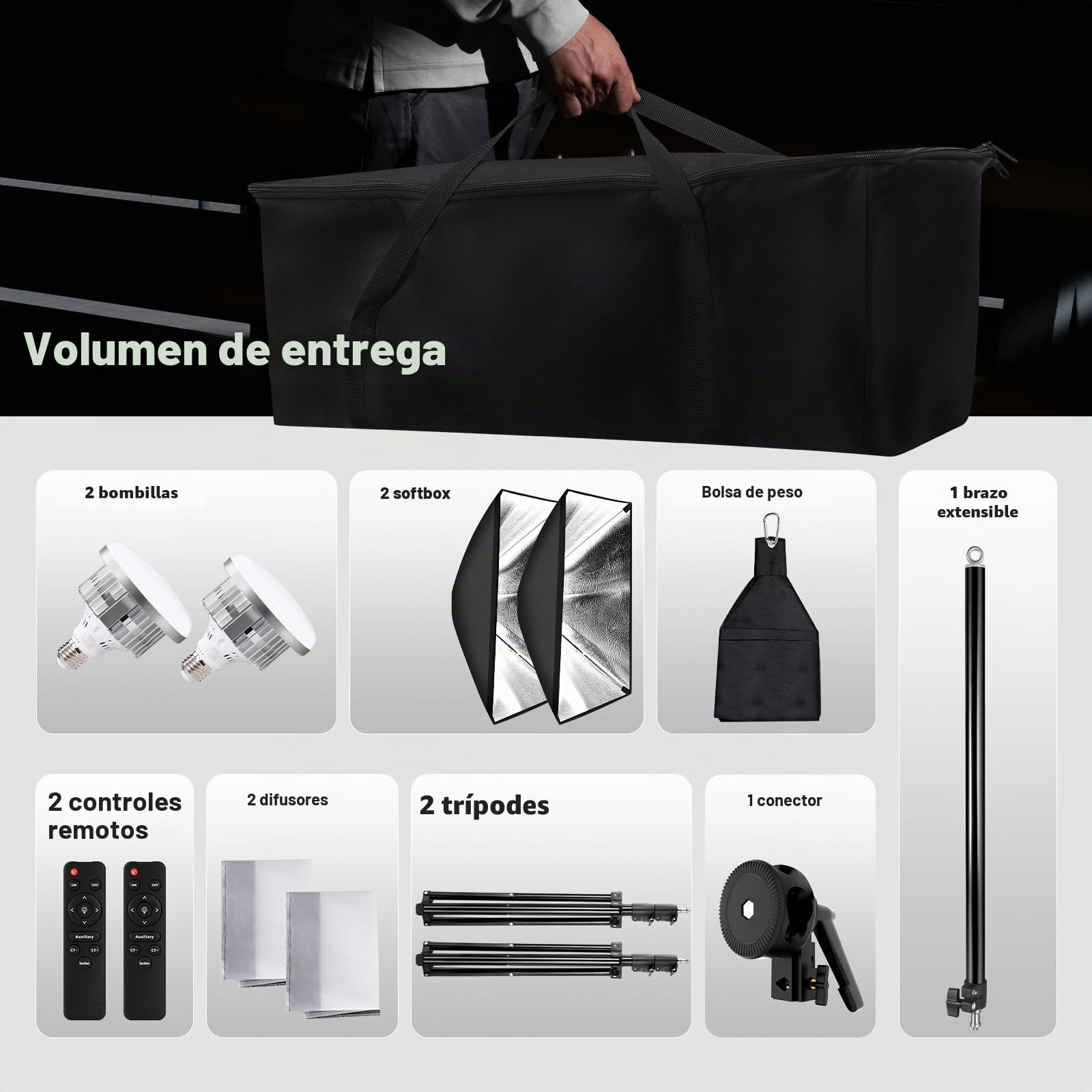 Niceveedi 50x70cm Softbox, 2700K-6500K Paquete de 2 Kit Iluminación Fotografía y Vídeo con 85W Bombillas/Brazo Articulado de 150cm/Trípode 2x203cm, para Grabación de Video/Transmisión en Vivo/Retrato