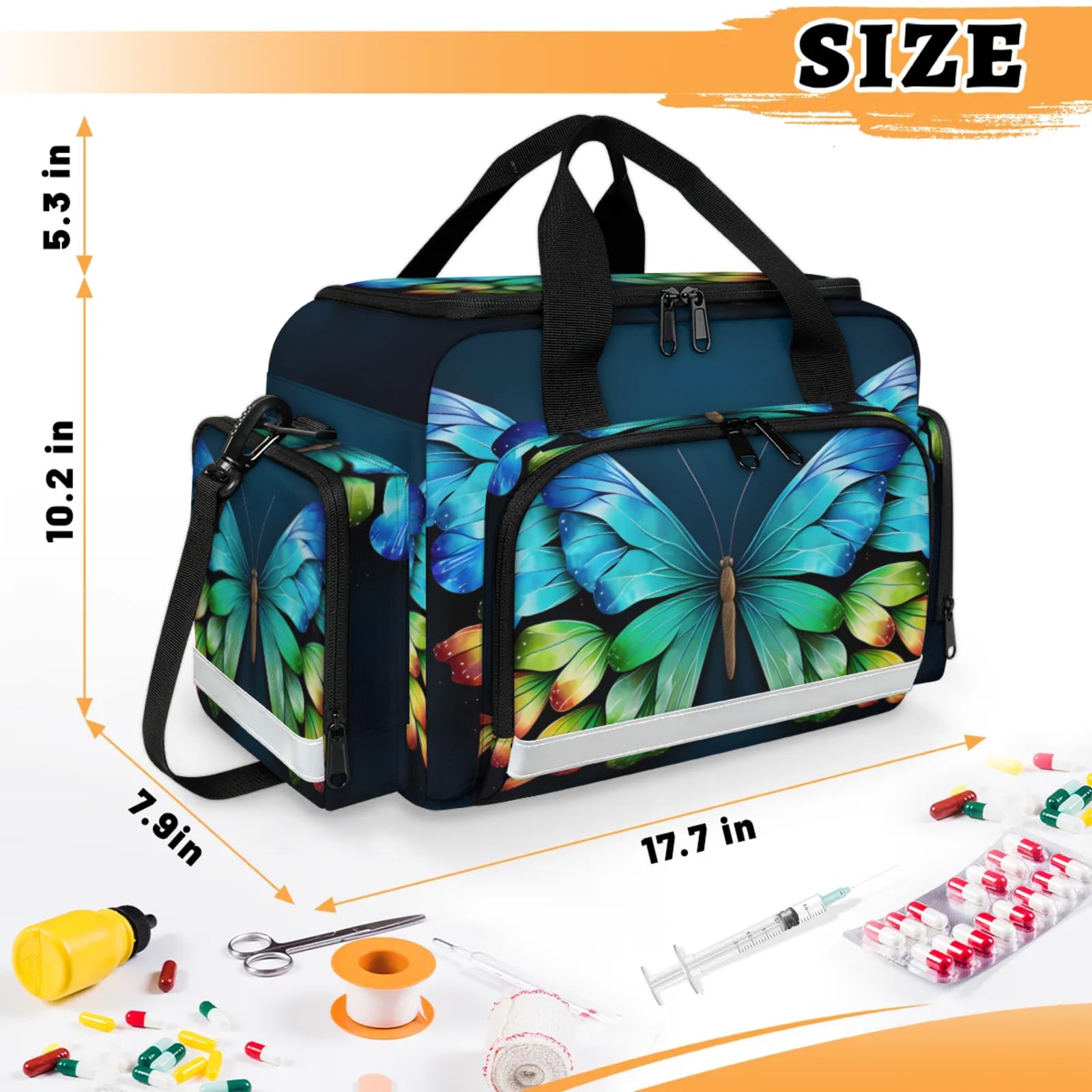 GzLeyigou First Aid Bags Empty, Shiny Sutterfly Emergency Bag First Aid Kit Multiple Compartment Kit Carrier On Call Trauma Bag For Paramedics Emergency Medical Supplies Kit