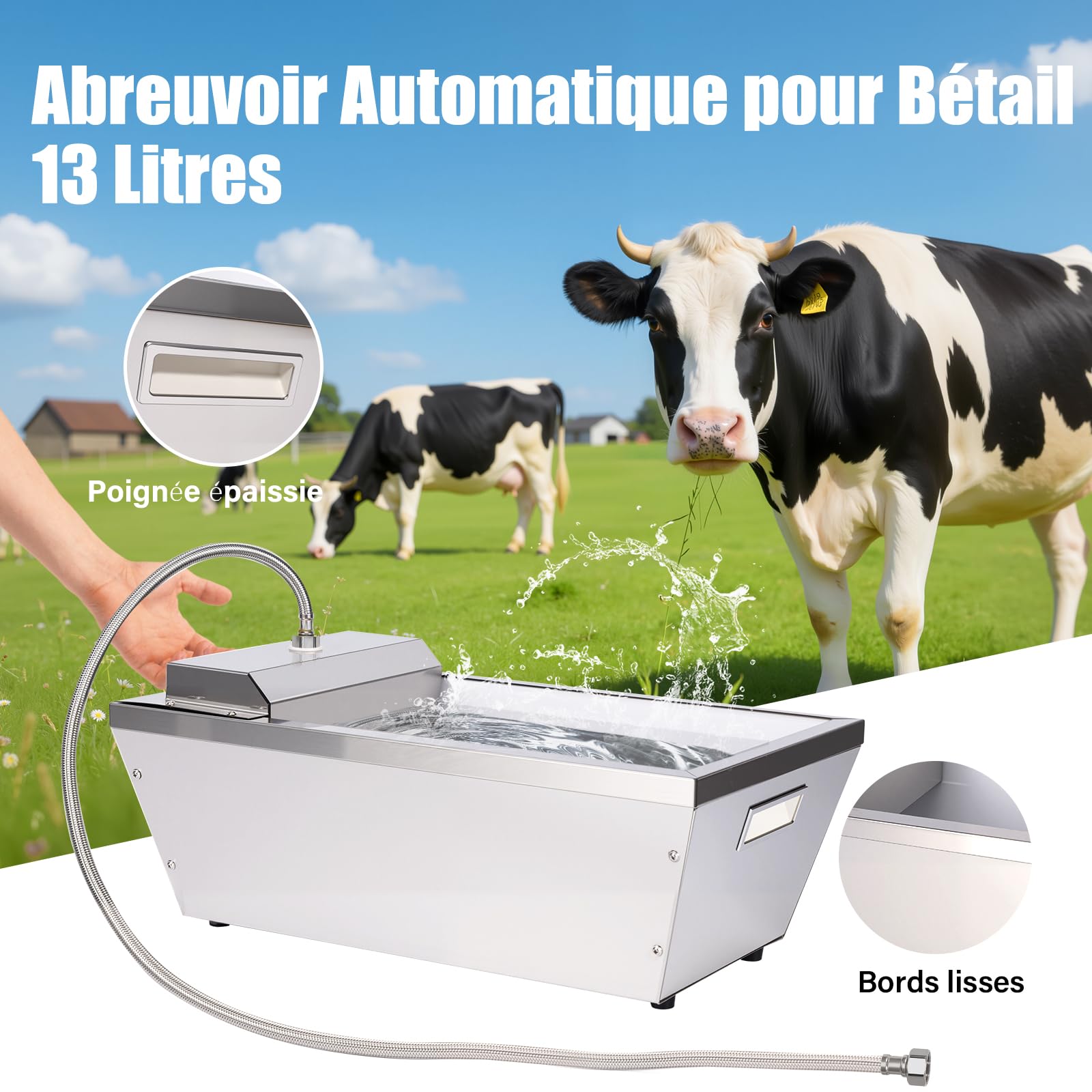 Trough d'eau Automatique De BéTail,Trough d'eau Automatique De Cheval De 13 litres avec Boule Flottante,Distributeur d'eau Automatique pour Chien en Plein Air,Inoxydable Auto-Remplissage PourChien
