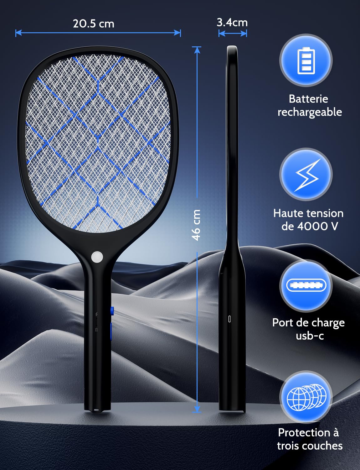 YISSVIC Raquette Electrique Insectes 4000 V Anti Moustique Rechargeable avec LED Noir