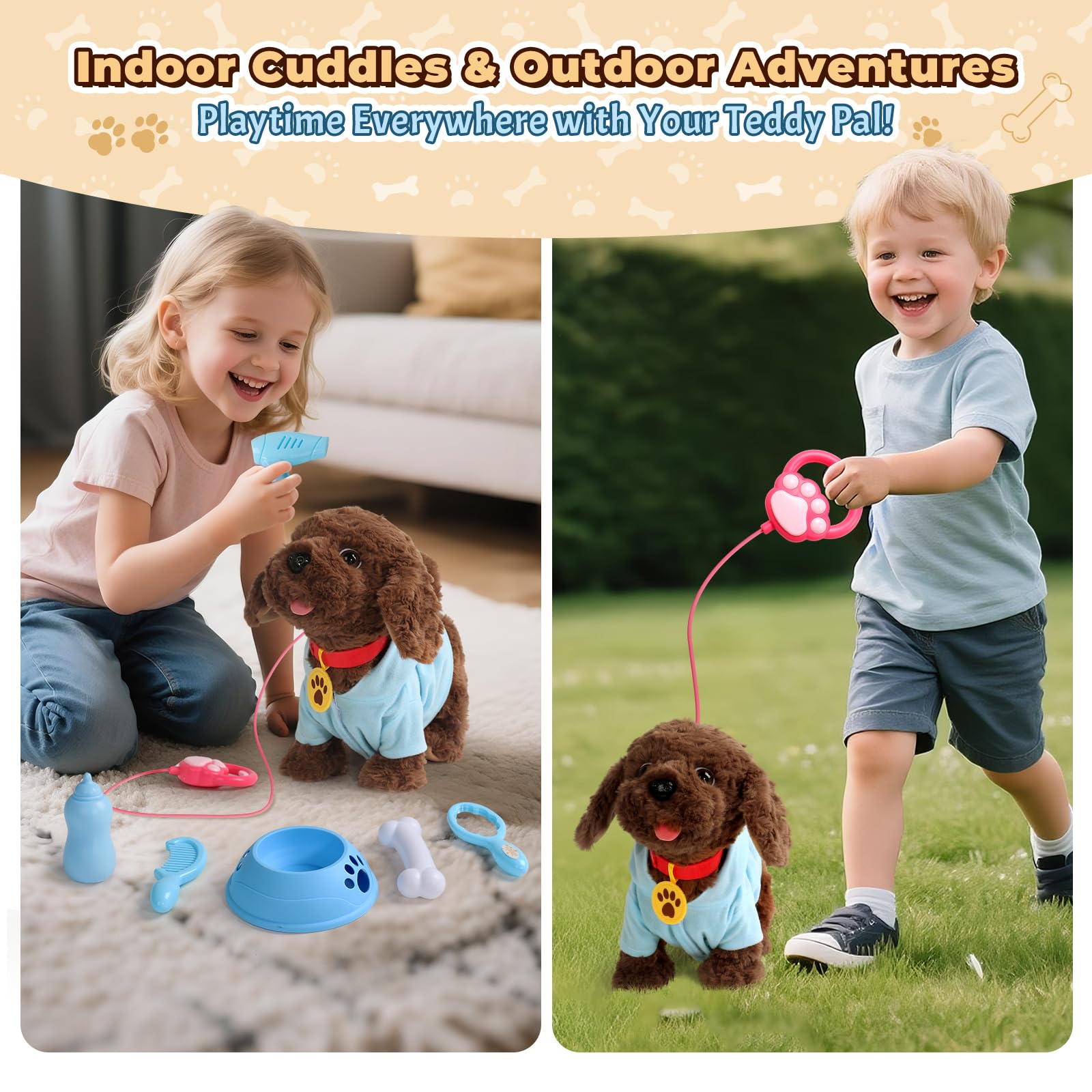 TONZE Cagnolino Che Abbaia e Cammina Peluche Cane Giocattolo che Cammina e Abbaia Giocattoli Bambina 2 Anni Realistico Animali Giocattolo per Bambini Giochi Interattivi per Bambini 2 3 4 Anni