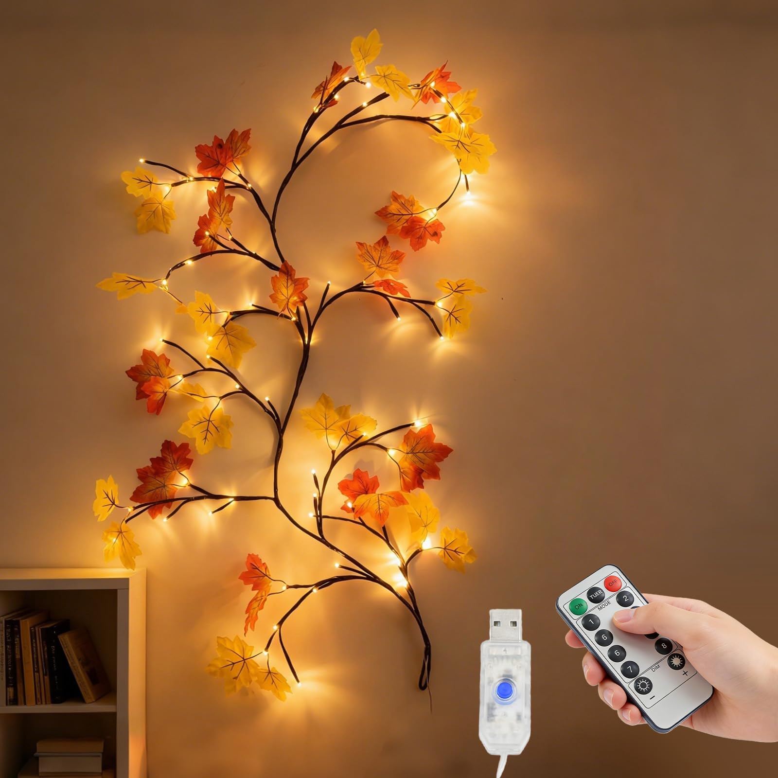 Richaa 63 Inches Maple Leaf Twig Lights, 48 Led Flexible Wall Flower Fairy Lights, 8 Modes Maple Leaf Tree String Light, Christmas Mother's Valentine's Day Gift Room Home Bedroom Indoor Decor