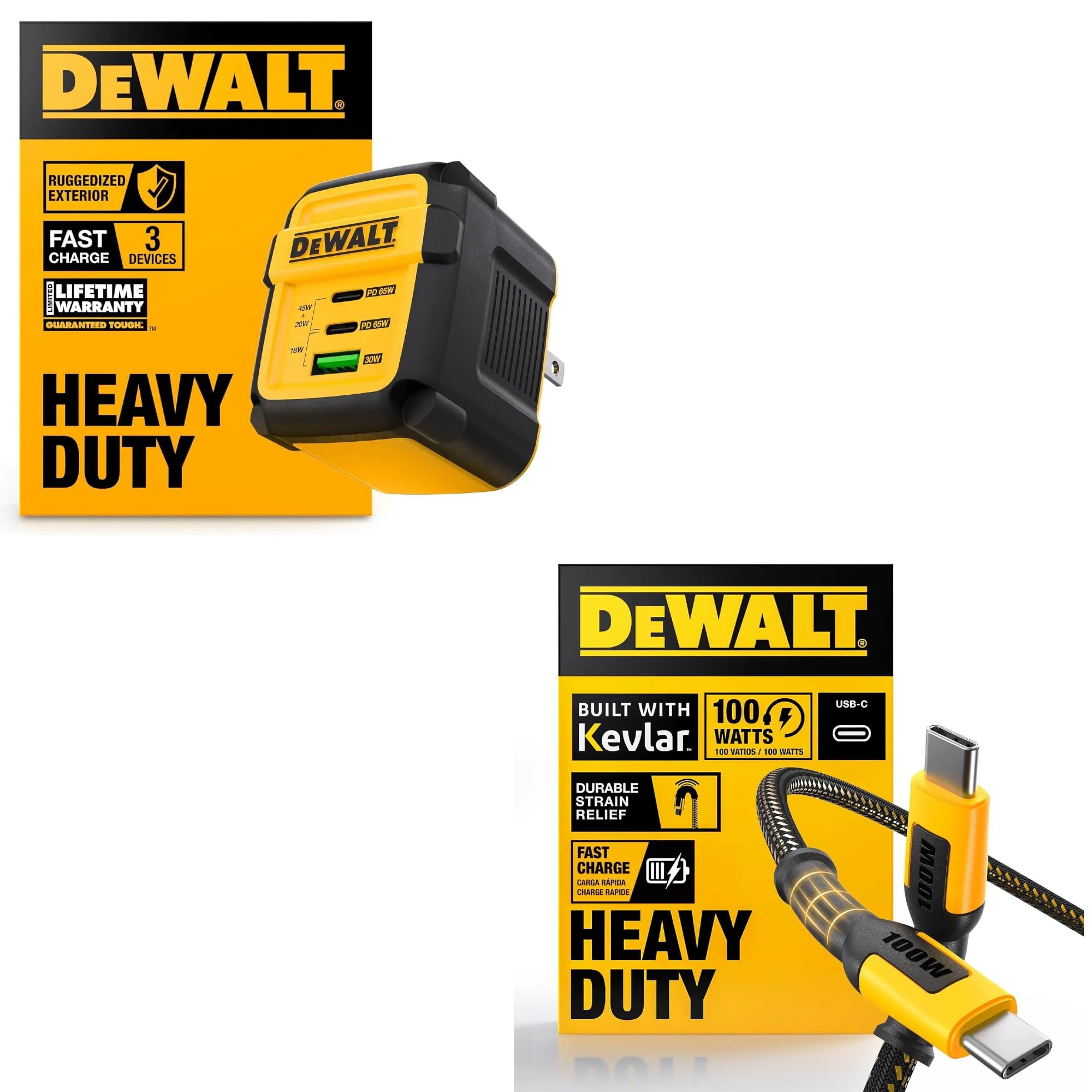 DEWALT Heavy Duty 3 Port Dual USB C Charger Block USB C Power Adapter GaN Charger 65W PPS
