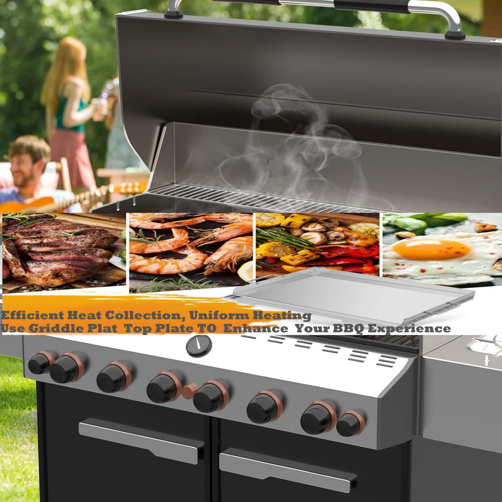 Plancha de cocina de acero inoxidable, inserto de placa superior plana con ranura para grasa y 2 asas extraíbles para parrillas de gas/carbón, portón trasero, campamento y fiestas, 23 x 16 pulgadas 6