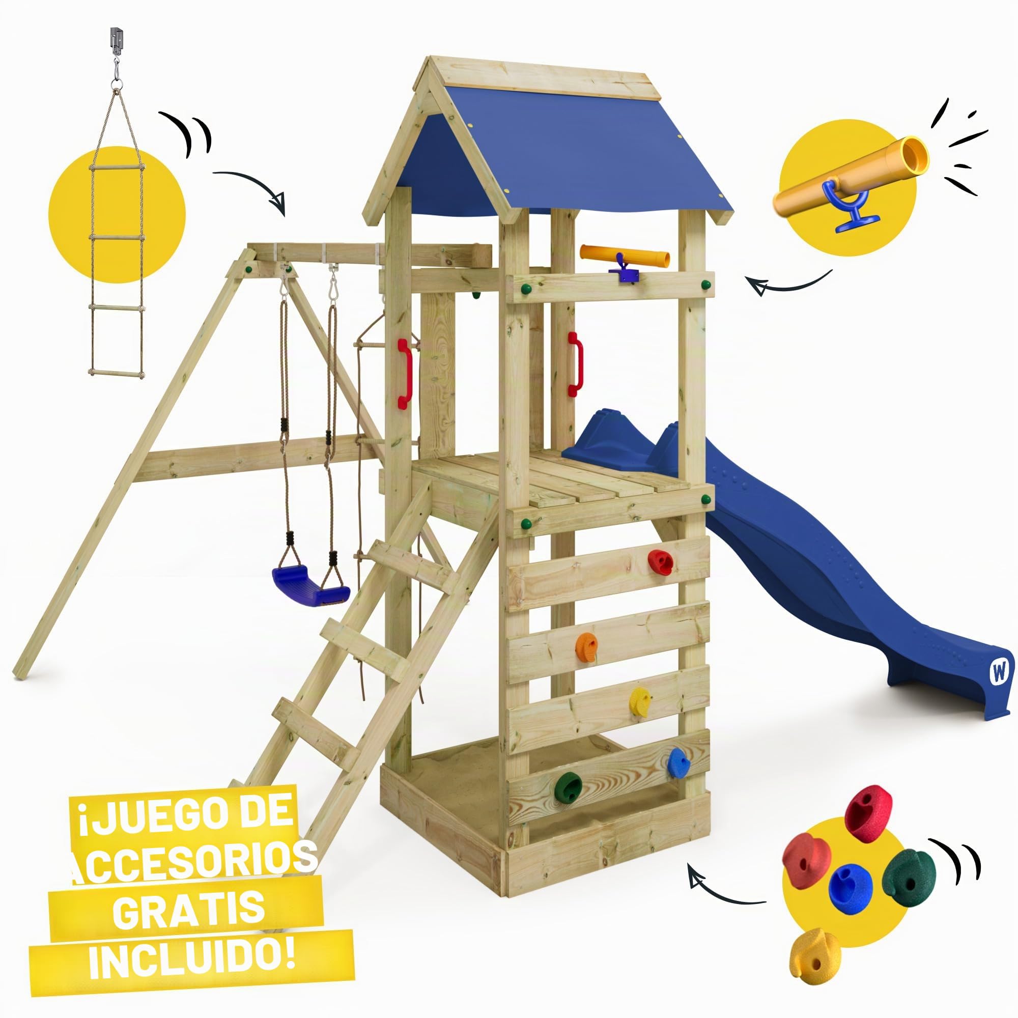 Wickey FreeFlyer - Torre de Juego Infantil con tobogán, Columpio, Caja de Arena, Pared de Escalada, Lona del Techo Azul + tobogán Azul