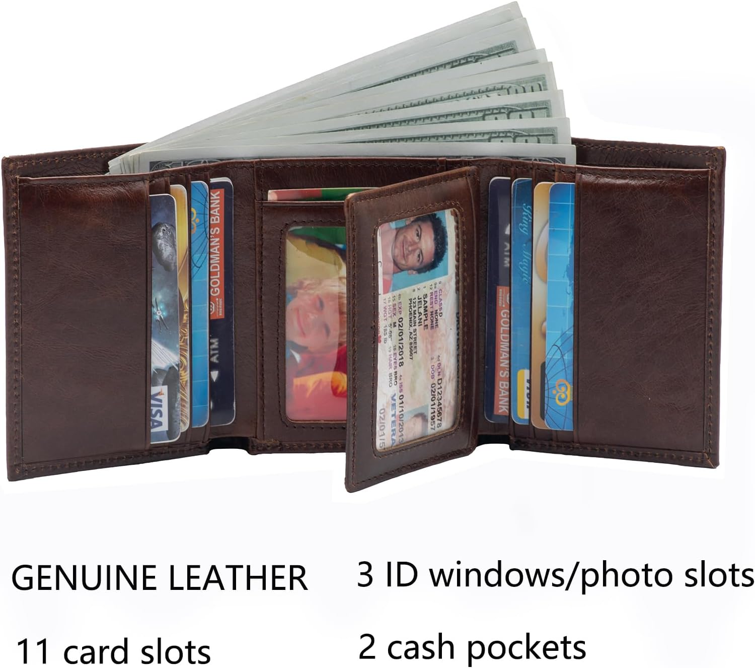 Mens Genuine Leather Wallet,Large Capacity Trifold Wallet for Men with 3 ID Window (BROWN) - Image 2