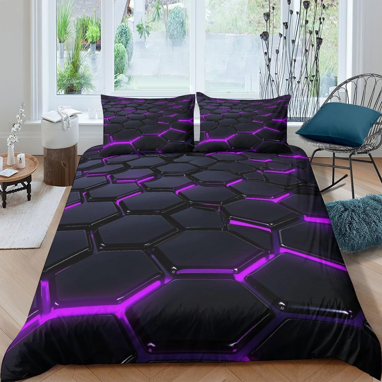 Ctjqhvkz Style-5 3D Printed Purple Hexagon Fitted Sheet Microfiber Soft Texture Geometric Pattern Bed Cover For Bedroom Guest Dorm Decor Single（135X200cm）