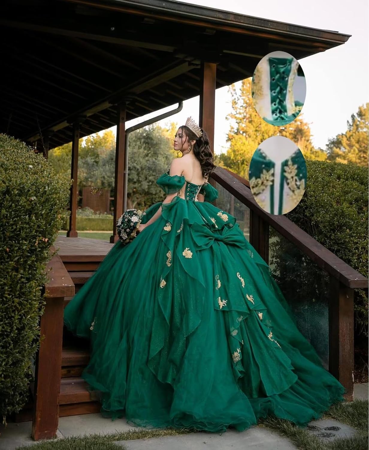 XYAYE Off Shoulder Lace Quinceanera Dresses with Bow Puffy Tulle Sweet 15 16 Dresses Gorgeous Gold Applique Beaded Ball Gown