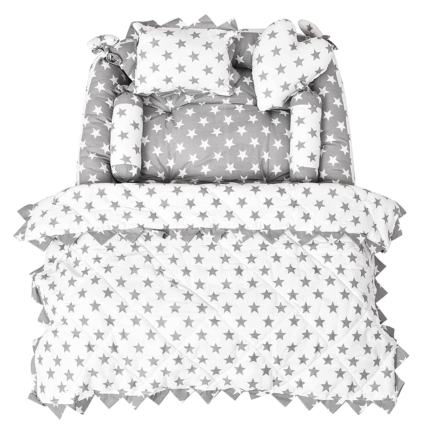 Wagmine 4 Pillows and Square Shape Cotton Baby Bed for 0-1 Year (Grey)