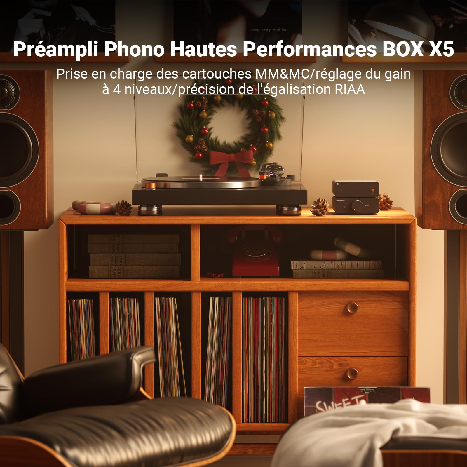 Fosi Audio BOX X5 Préampli Phono, Mini Préamplificateur Audio Domestique pour Platine Vinyle à Cartouche MM et MC/Lecteur de Disque Phonographe/Haut-Parleurs Actifs avec Gain Réglable à 4 Niveaux