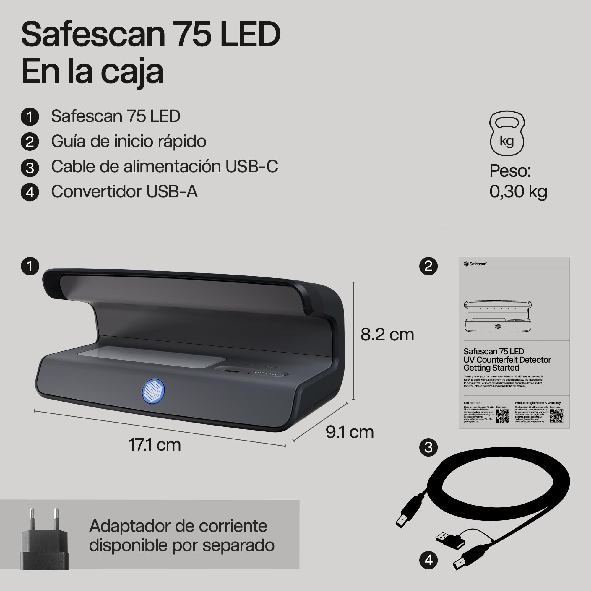 Safescan 75 LED Detector de billetes falsos UV blanco triple detección