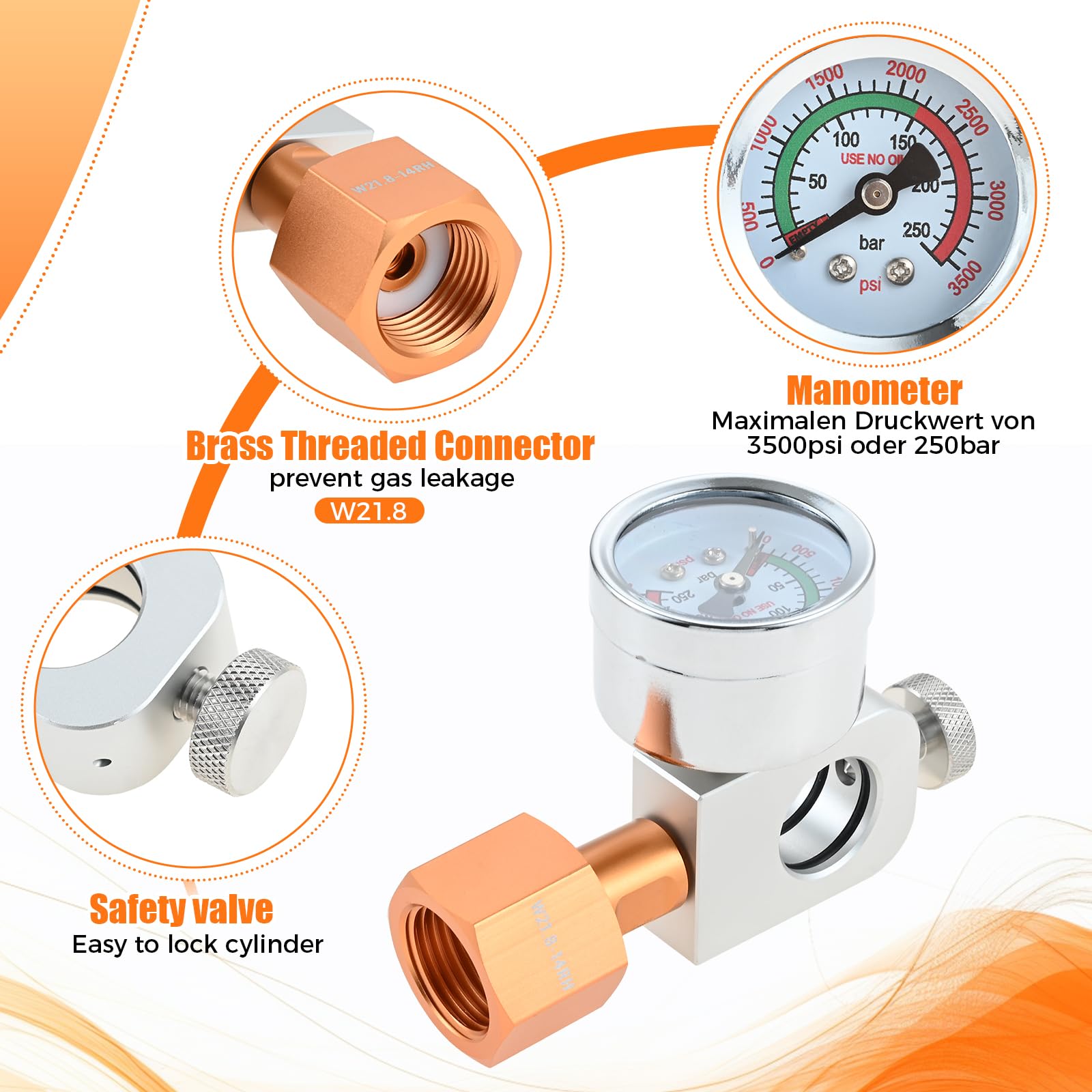 Adattatore CO2 ricambi Quick Connect per cilindri W21.8-14, CO2 bombole di gas Refill adattatore con manometro da 3500psi, compatibile con Duo, Art, Terra, Crystal 3.0, Gaia