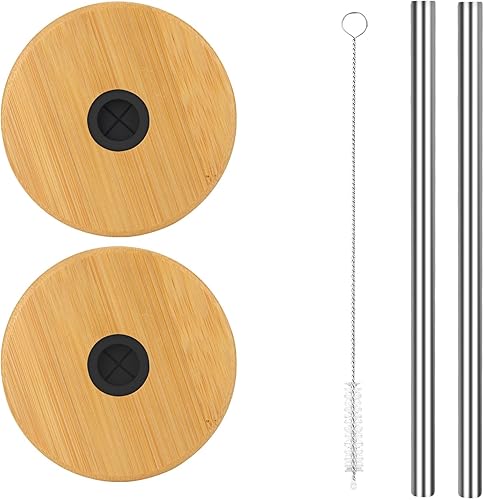Cafezi Tapas de bambú para tarros Mason con popotes de acero inoxidable, tapas reutilizables con agujero para pajilla, 2 popotes y 1 cepillo para