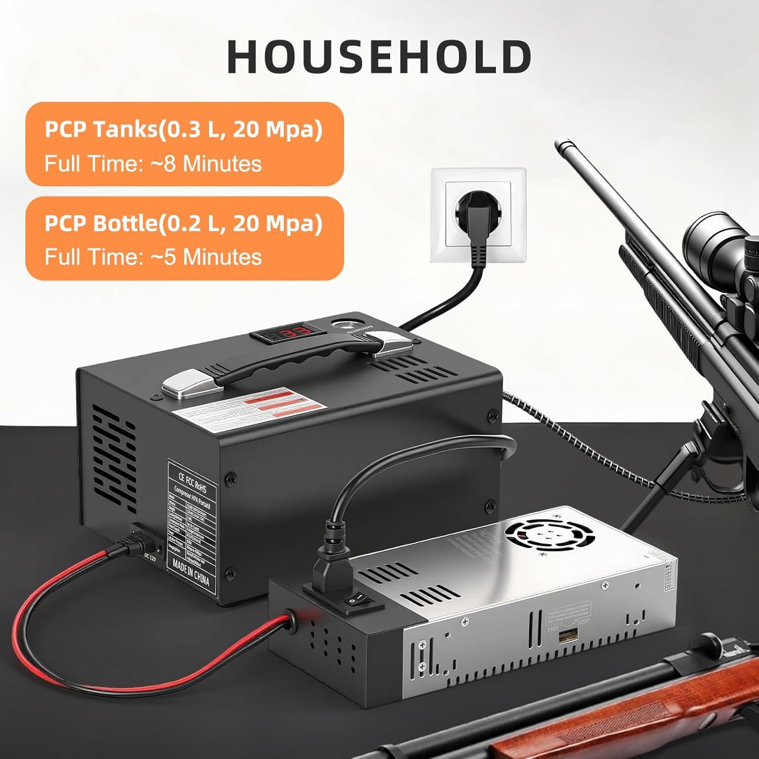 TW03 PCP Air Compressor,Portable 4500Psi/30Mpa,Water/Oil-Free,PCP Rifle/Pistol and Paintball Tank Air Pump, (110V AC or 12V Car Battery) with Power Converter and Oil-Moisture Filter