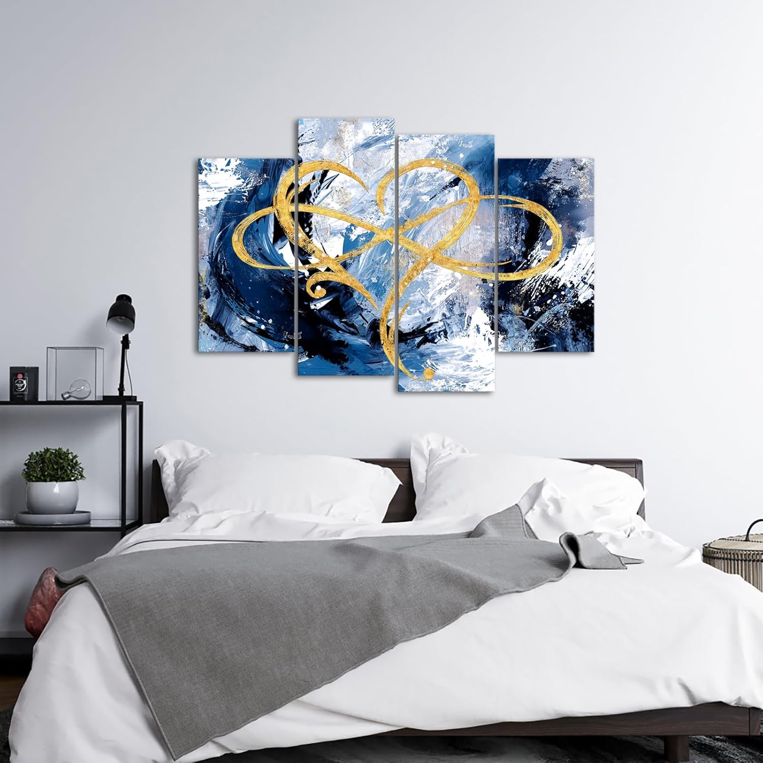 iHAPPYWALL 4 Panel Infinity Heart Canvas Wall Art Abstract Eternal Love Geometric Blue and Gold Picture Artwork for Bedroom Living Room Home Decor Ready to Hang (Blue)