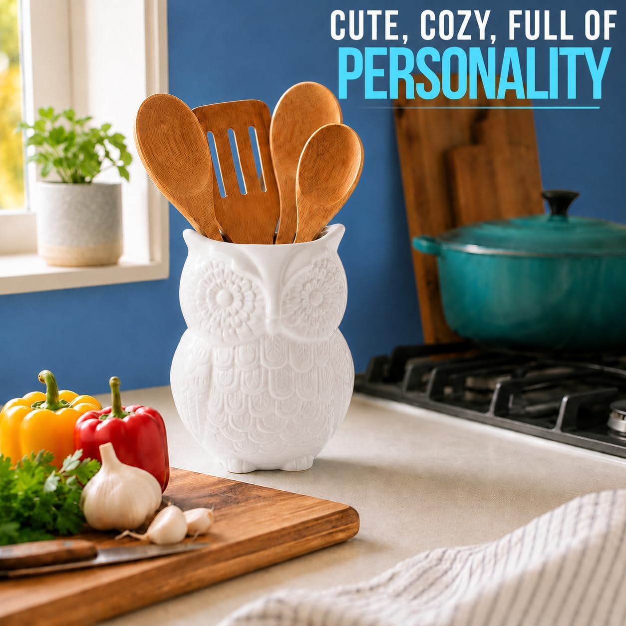Comfify White Owl Utensil Holder – Decorative Ceramic Kitchen Crock