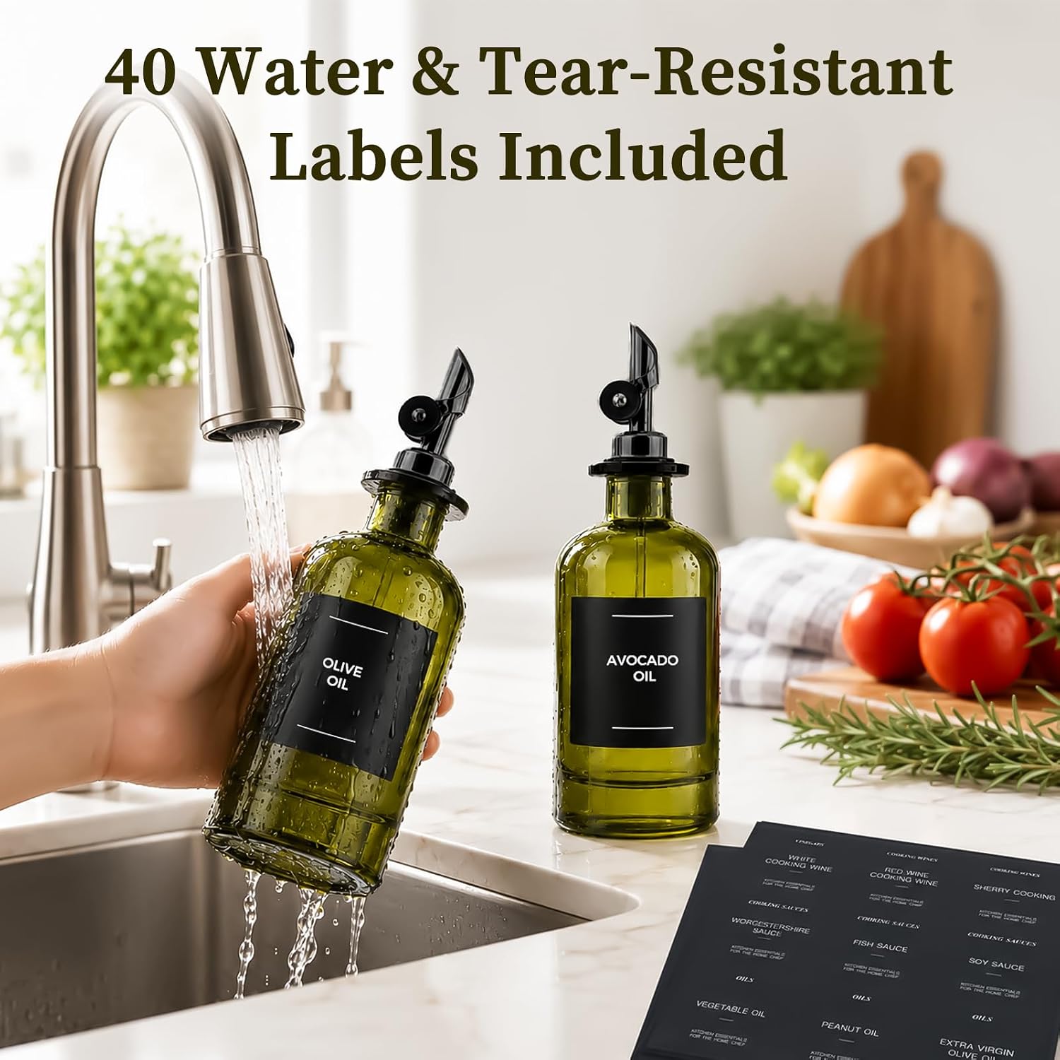 Glass Olive Oil Dispenser Set of 4, 350ml/11.8oz UV-Protected Green Bottles Self-Closing Pourer, Includes 50 Labels, Funnel & Aligner, Oil & Vinegar Dispenser for Kitchen Cooking image 4